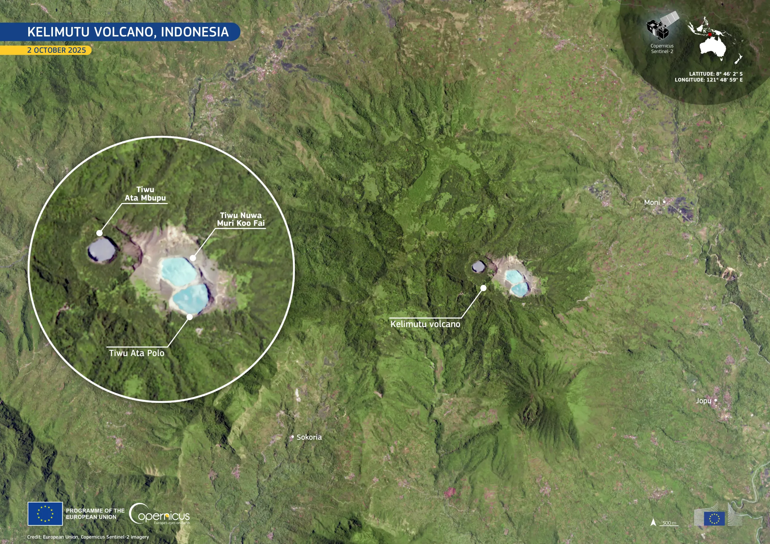 Kelimutu’s coloured crater lakes stand out on Flores Island, Indonesia