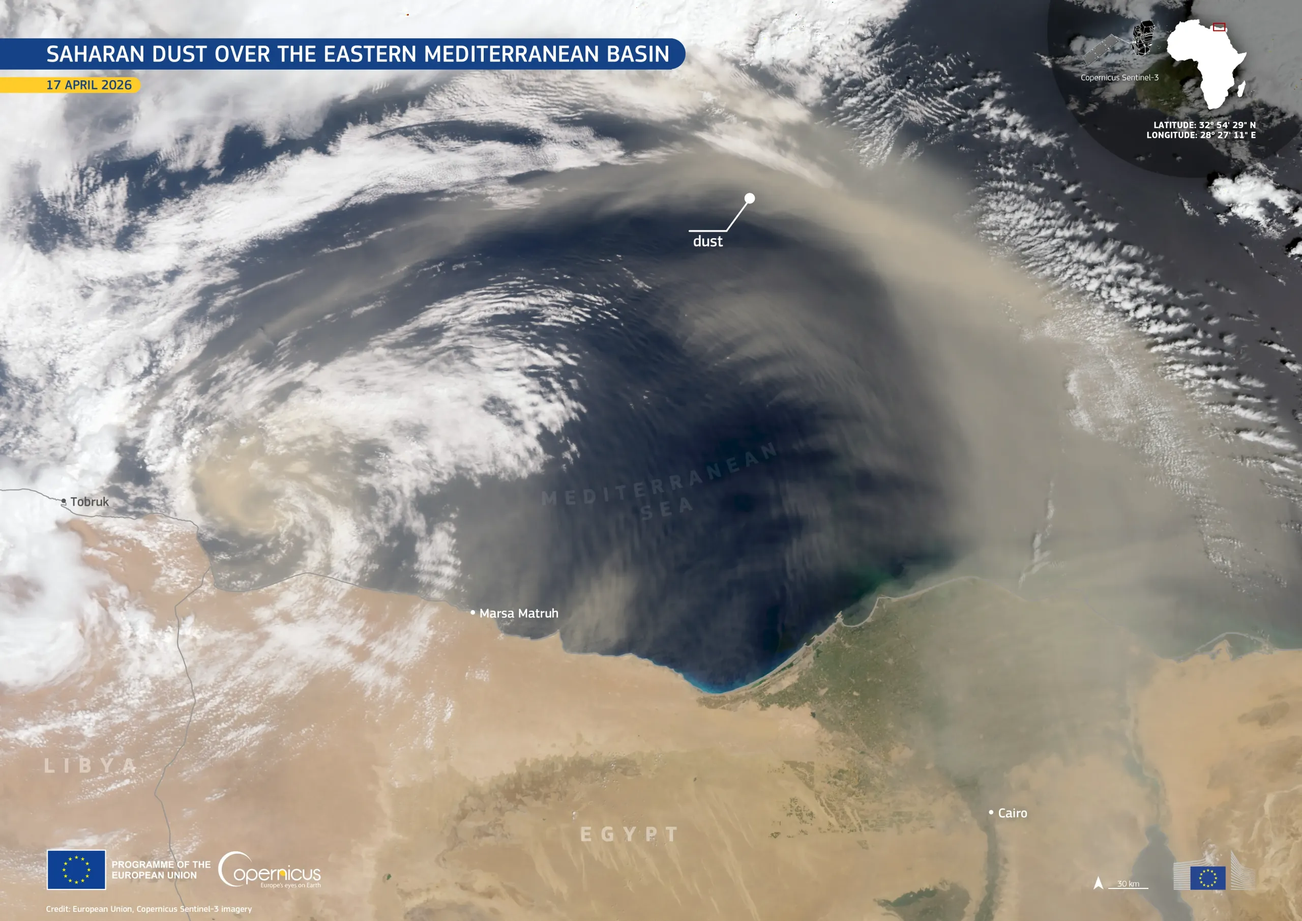 Saharan dust drifts across the Eastern Mediterranean Basin