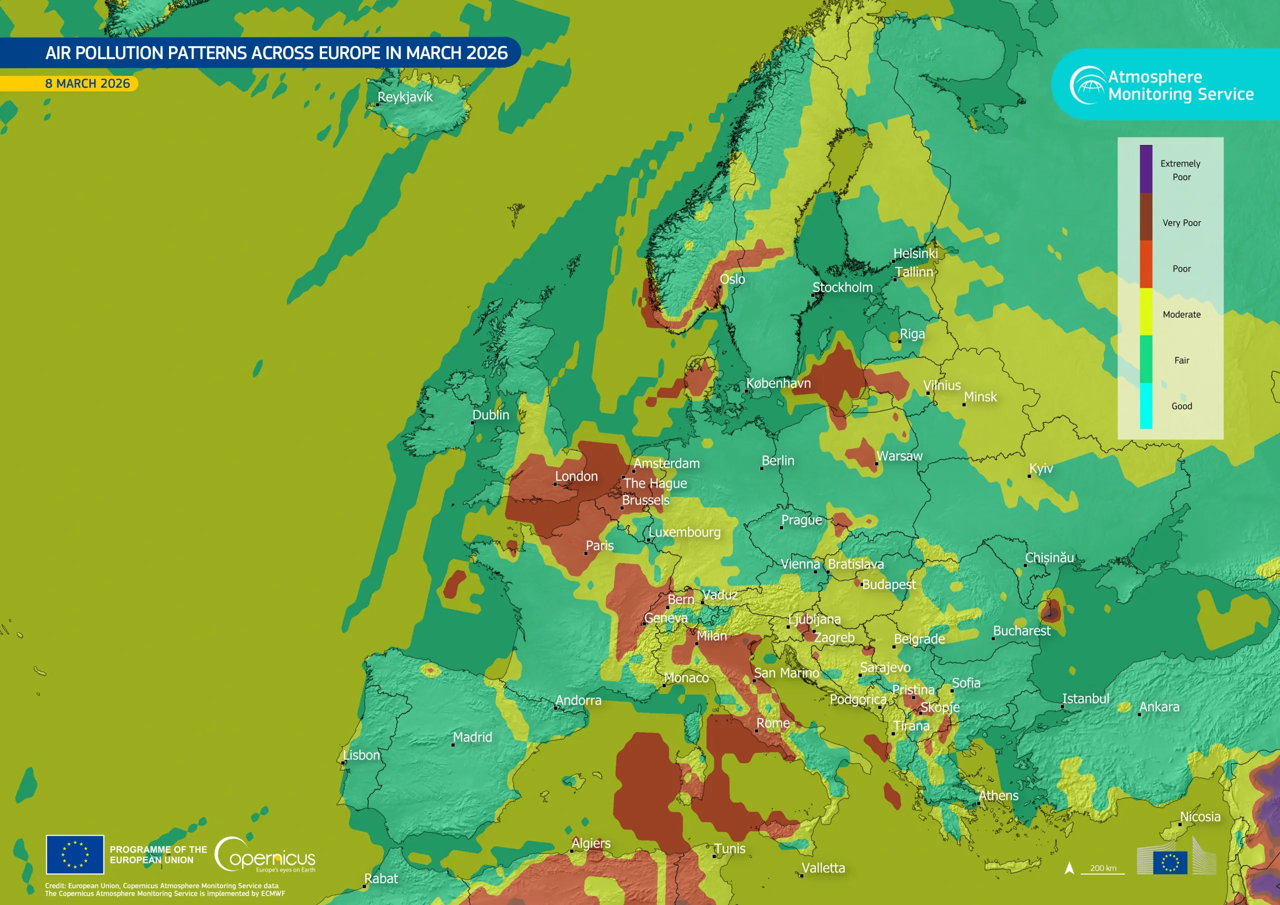 A CAMS air quality map showing air pollution patterns across Europe on 8 March 2026, with a colour scale ranging from good to extremely poor air quality.