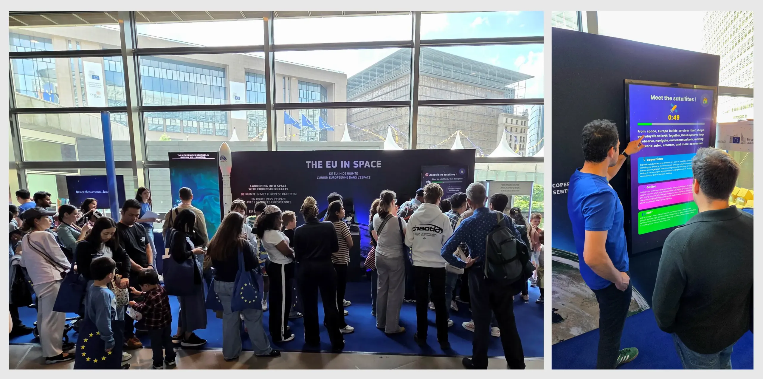 Visitors gather at the EU in Space exhibition stand during Europe Day 2026 at the European Commission's Berlaymont building in Brussels, with a member of the public exploring an interactive display on EU satellites.