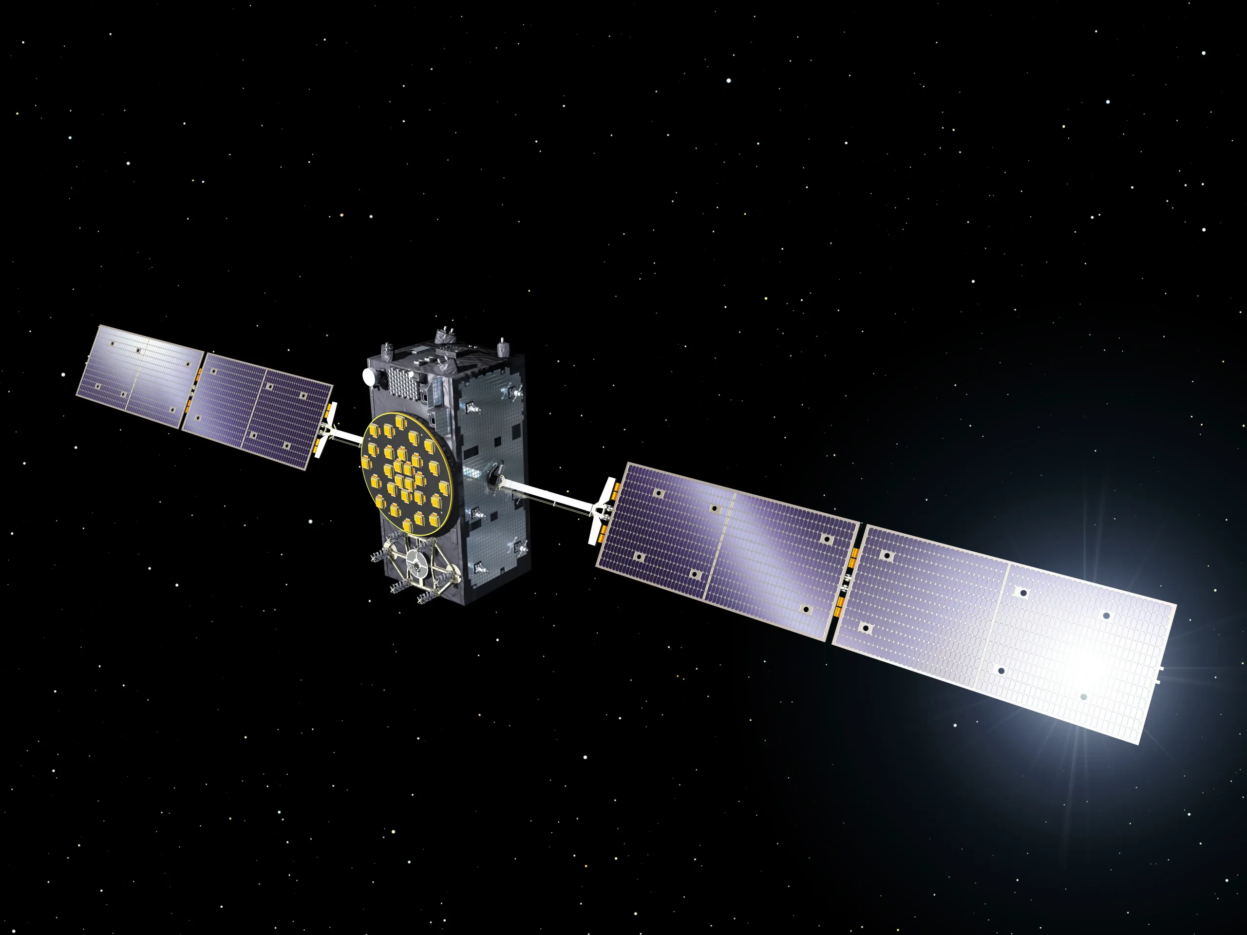 2:27 PM Claude responded: An artist's rendering of a Galileo satellite in orbit, with its solar panels extended against a star-filled background. An artist's rendering of a Galileo satellite in orbit, with its solar panels extended against a star-filled background. 