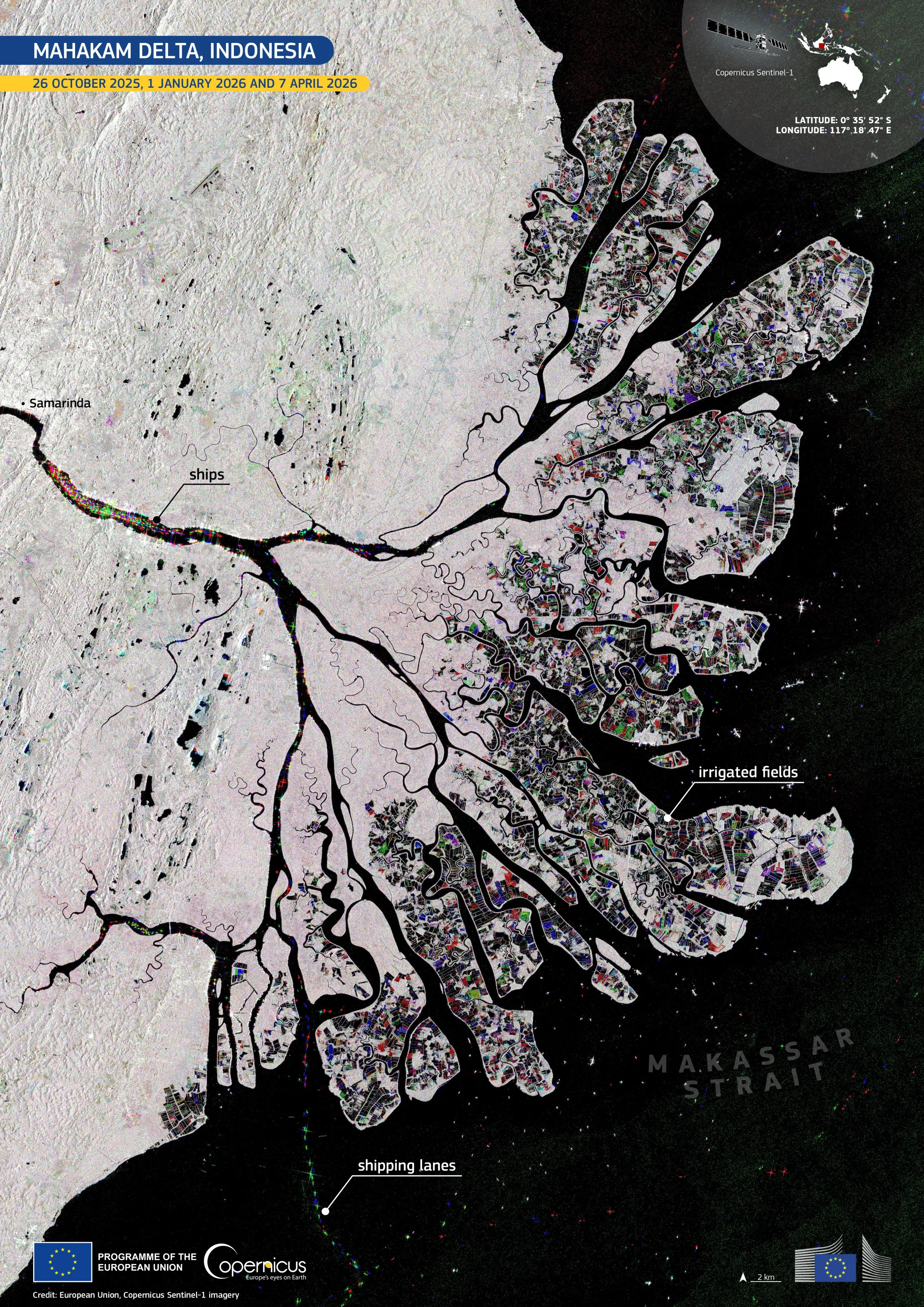 Copernicus Sentinel-1 satellite radar composite of the Mahakam Delta in Indonesia, showing branching river channels, coastal wetlands, irrigated fields, shipping lanes and vessels near Samarinda and the Makassar Strait.