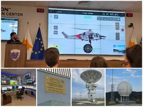 A collage of images from a visit to operational space and emergency response infrastructure in Cyprus: including the Joint Rescue Coordination Centre (JRCC) Larnaca, the Eratosthenes EO satellite receiving station, satellite ground infrastructure in Kofinou supporting the EU GOVSATCOM initiative, and Galileo MEOLUT. 