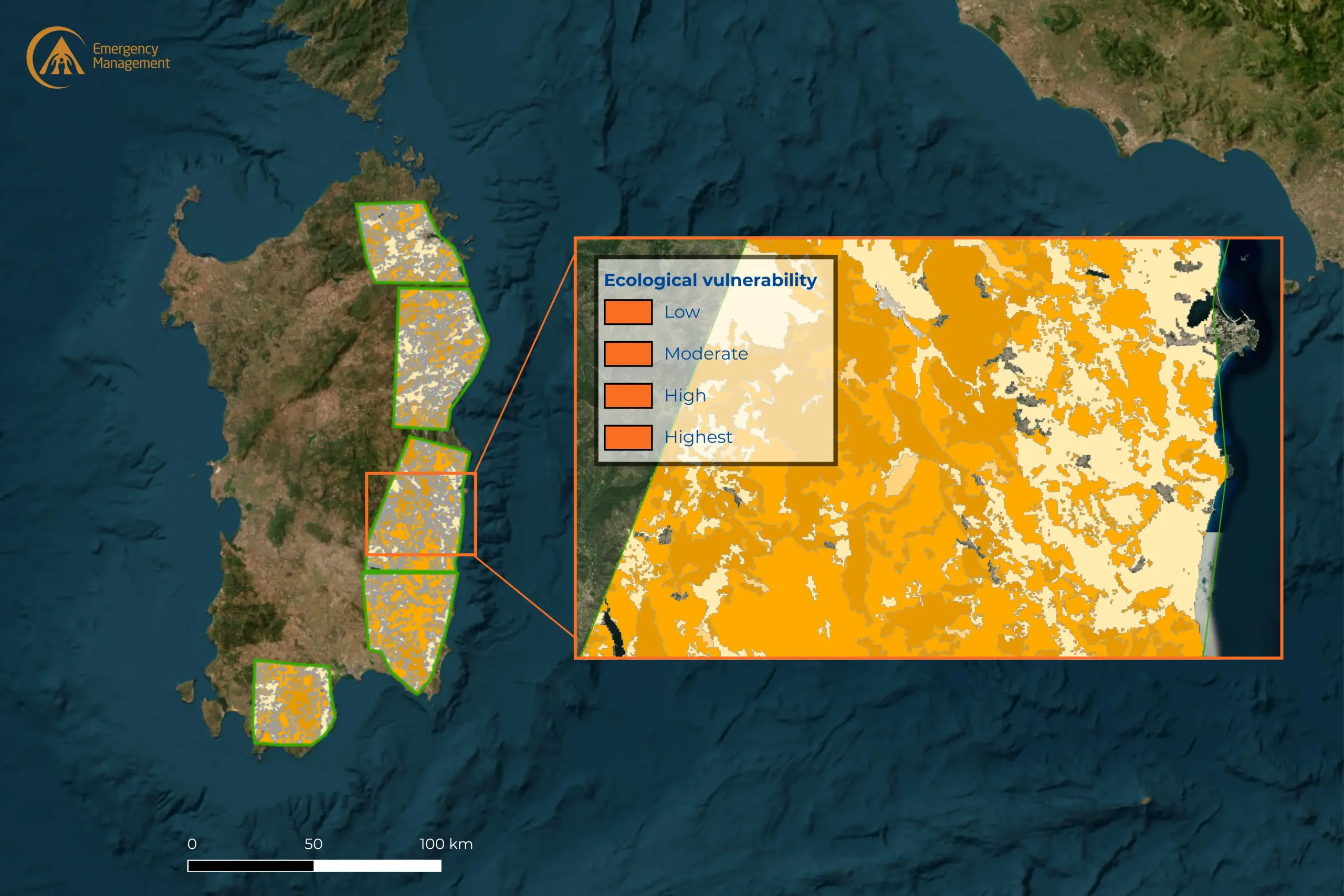 CEMS wildfire activation map for Sardinia, Italy, showing ecological vulnerability across affected areas classified as low, moderate, high, and highest.CEMS wildfire activation map for Sardinia, Italy, showing ecological vulnerability across affected areas classified as low, moderate, high, and highest. A zoomed inset highlights the spatial distribution of vulnerability classes in one of the assessed zones. 