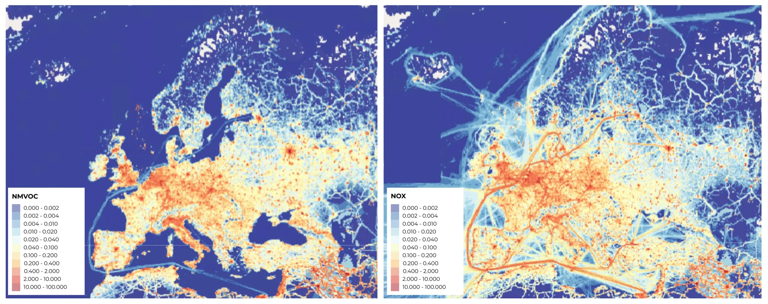 Spatially distributed emission maps for Europe showing non-methane volatile organic compounds (NMVOCs, left) and nitrogen oxides (NOx, right) for 2017.