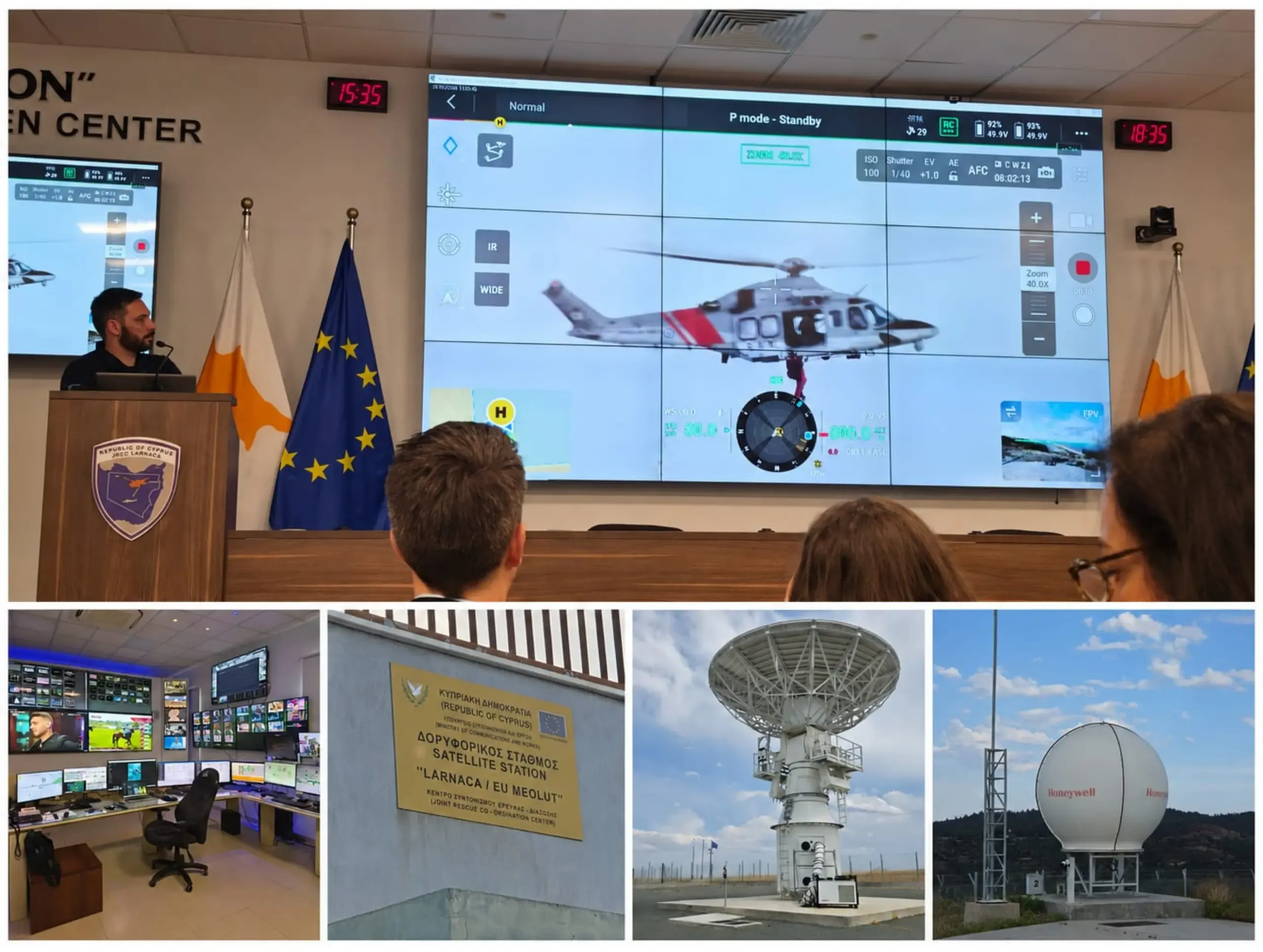 A collage of images from a visit to operational space and emergency response infrastructure in Cyprus: including the Joint Rescue Coordination Centre (JRCC) Larnaca, the Eratosthenes EO satellite receiving station, satellite ground infrastructure in Kofinou supporting the EU GOVSATCOM initiative, and Galileo MEOLUT. 