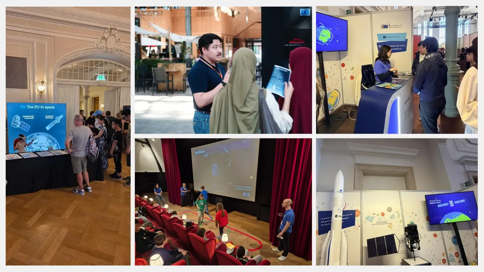 A collage of images showing visitors interacting with EU space exhibition stands. A staff member explains the exhibit to two visitors; a rocket model and satellite mock-up are displayed alongside an information screen; a visitor speaks with a staff member at a European Commission stand; and a group of adults and children explore "The EU in space" exhibit featuring a satellite model, an Earth Observation display, and a rocket model.