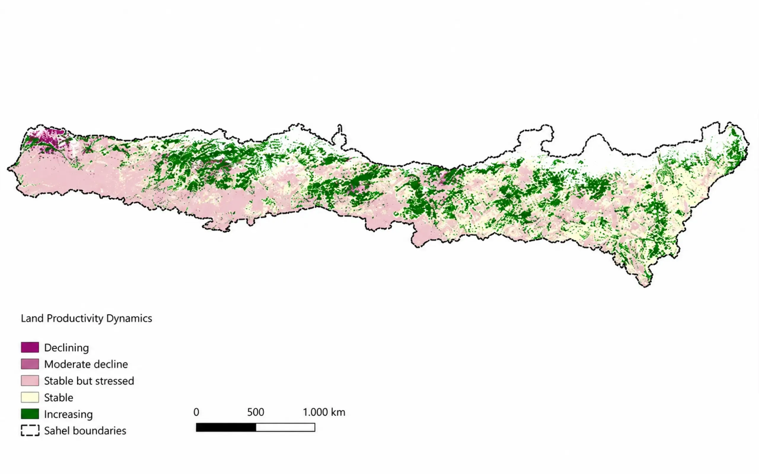 A map of Land Productivity Dynamics across the Sahel region, showing five categories of vegetation productivity: declining, moderate decline, stable but stressed, stable, and increasing. The map spans the full east-west extent of the Sahel, with moderate decline and stable but stressed conditions dominating across most of the region, and areas of increasing productivity visible particularly in the central and eastern sections.