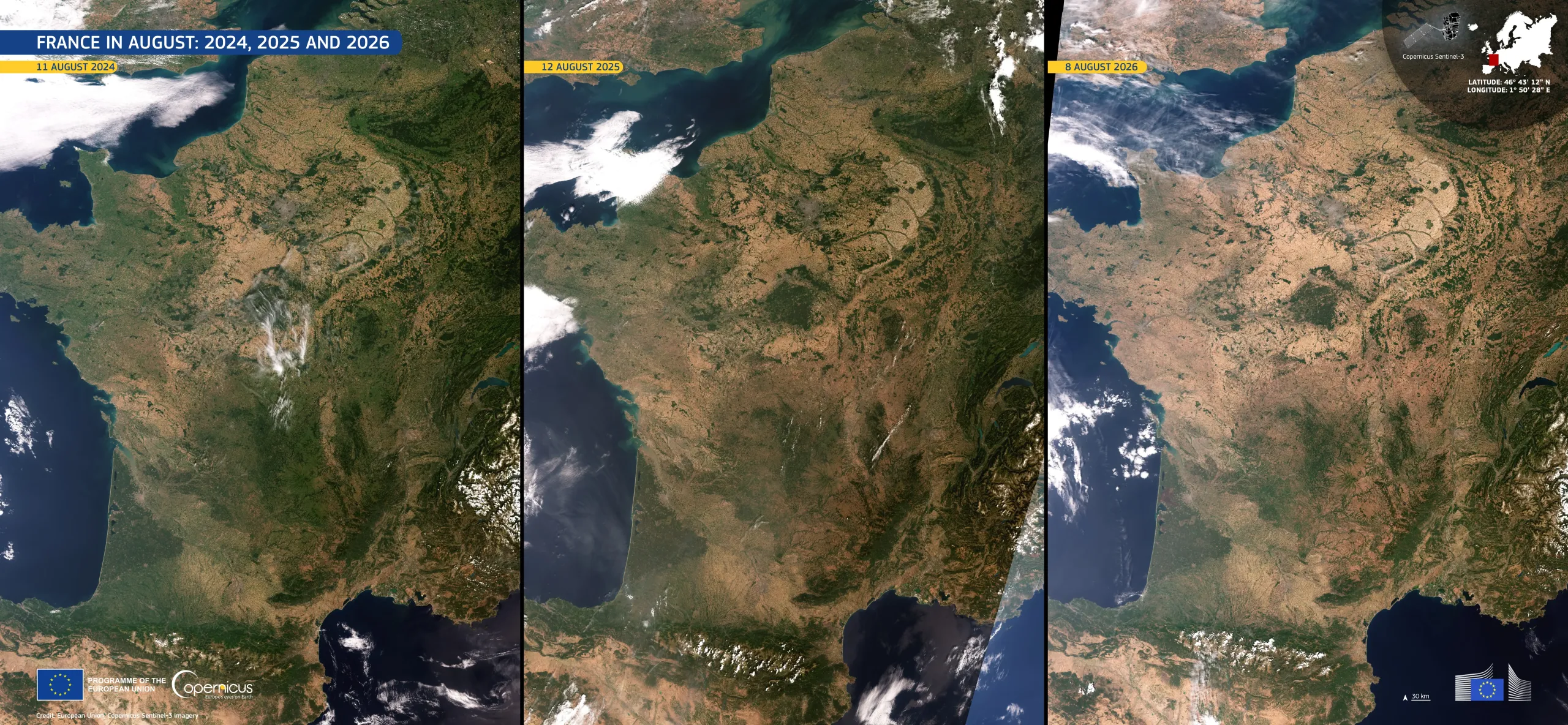 Three side-by-side satellite images of France and surrounding regions in August 2024, 2025, and 2026, showing progressively dry, brown conditions across much of the country. The panels are dated 11 August 2024, 12 August 2025, and 8 August 2026, respectively. Cloud cover varies between the images, while the Atlantic Ocean, Mediterranean Sea, Alps, and Pyrenees are visible. Branding identifies the imagery as from the European Union’s Copernicus Sentinel-3 mission.  