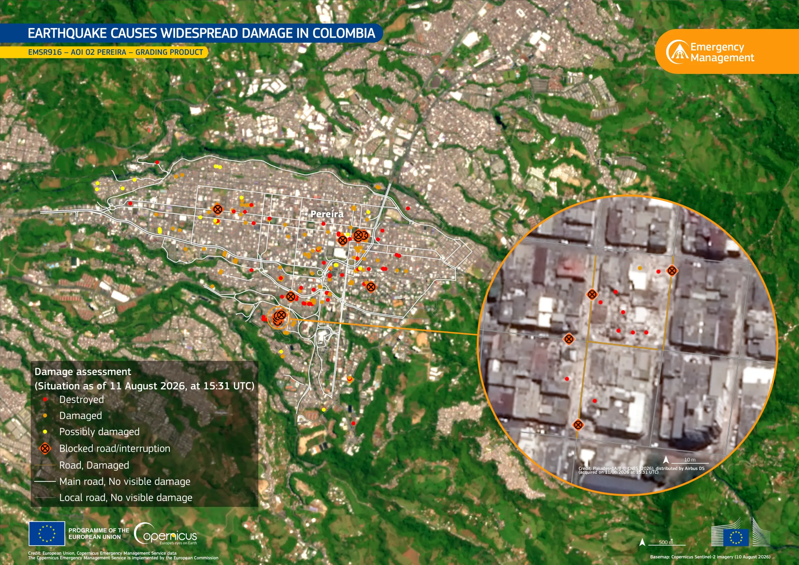 Map of Pereira, Colombia, showing earthquake-related damage identified by the Copernicus Emergency Management Service following the 10 August 2026 magnitude 7.4 earthquake.