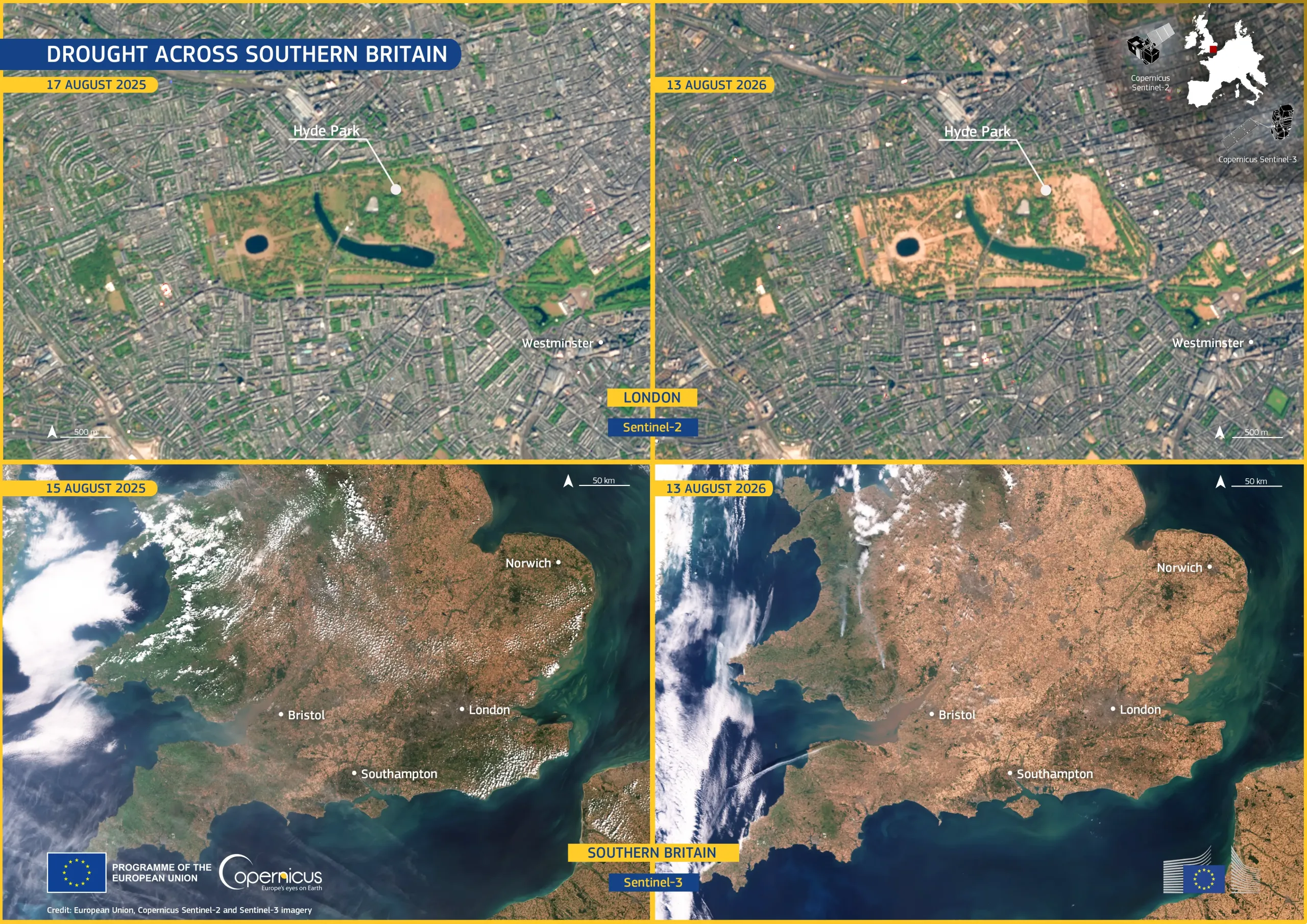 Four-panel satellite comparison showing drought conditions in southern England in August 2026.