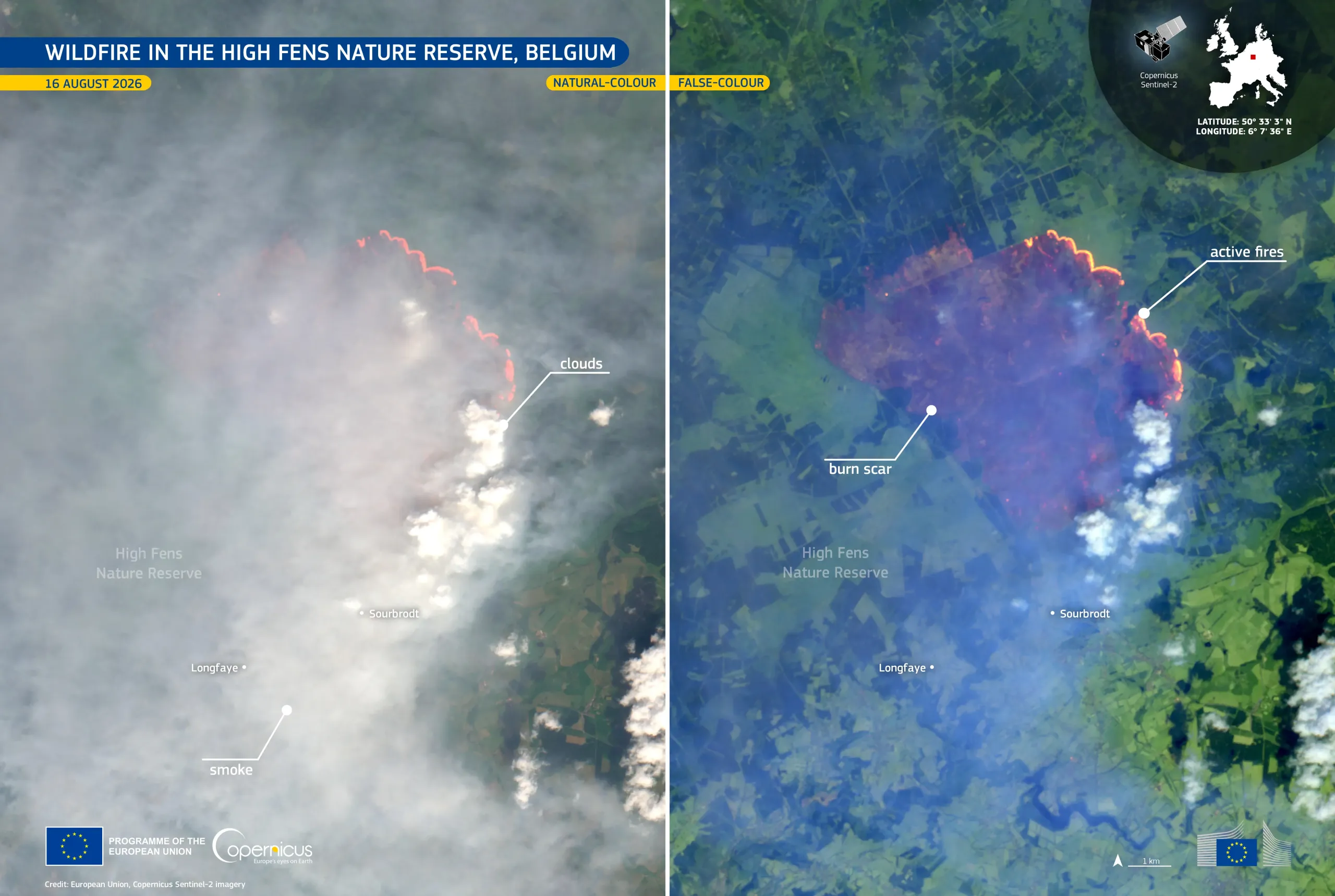 Copernicus Sentinel-2 image of the wildfire in the High Fens Nature Reserve, eastern Belgium, showing a broad plume of grey smoke spreading across the landscape, with bright white clouds nearby and active fire fronts visible in red-orange tones.