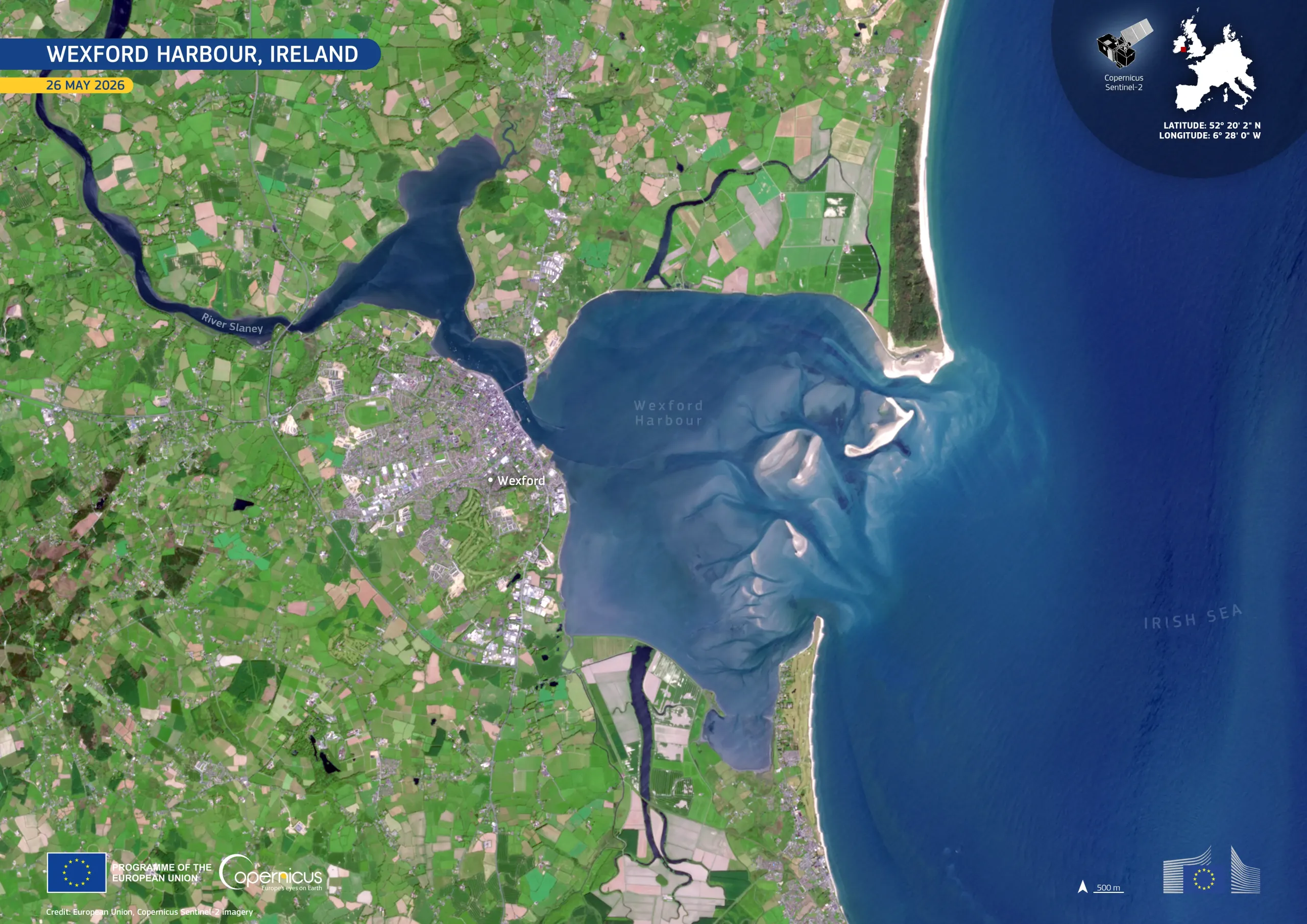 Copernicus Sentinel-2 image of Wexford Harbour, Ireland, acquired on 26 May 2026. The image shows the town of Wexford, surrounding green farmland, the River Slaney and Wexford Harbour, where pale blue and grey sediment-rich waters form intricate patterns as they flow into the Irish Sea.