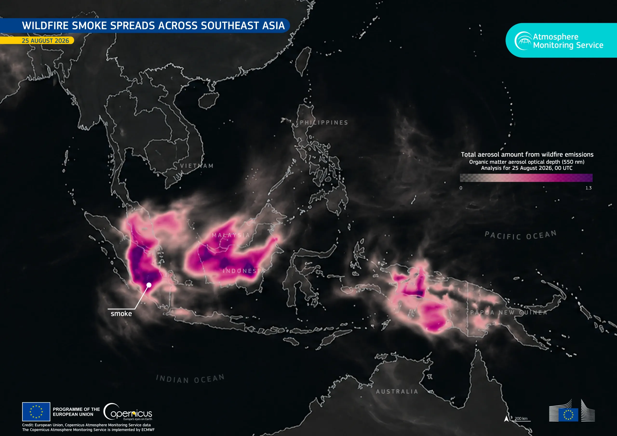 Fire Emissions Watch App showing smoke plumes across southeast Asia