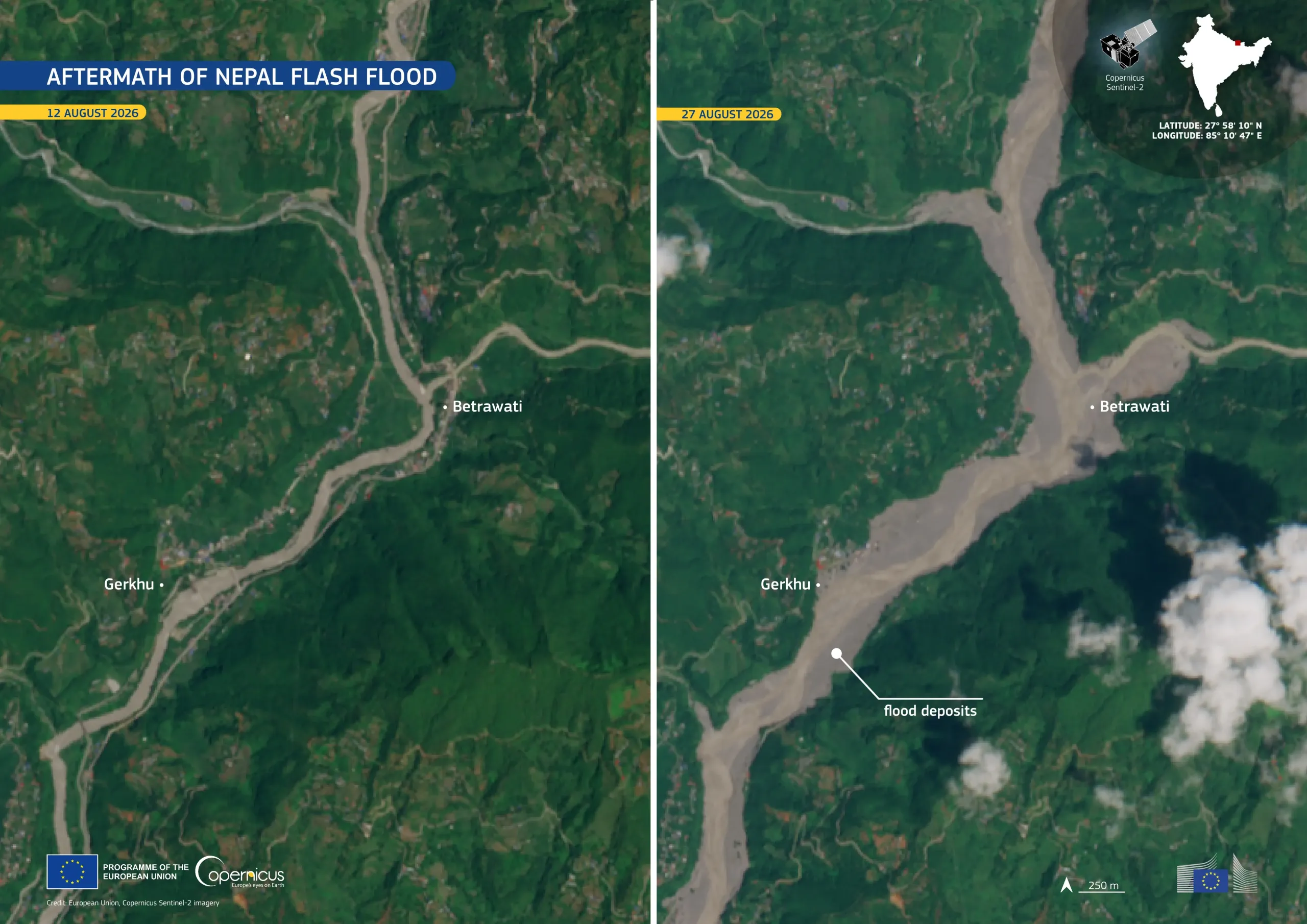 Side-by-side satellite images showing the aftermath of a flash flood near Betrawati and Gerkhu, Nepal. The left image, dated 12 August 2026, shows a narrow river channel. The right image, dated 27 August 2026, shows a much wider, sediment-filled river channel and extensive flood deposits.