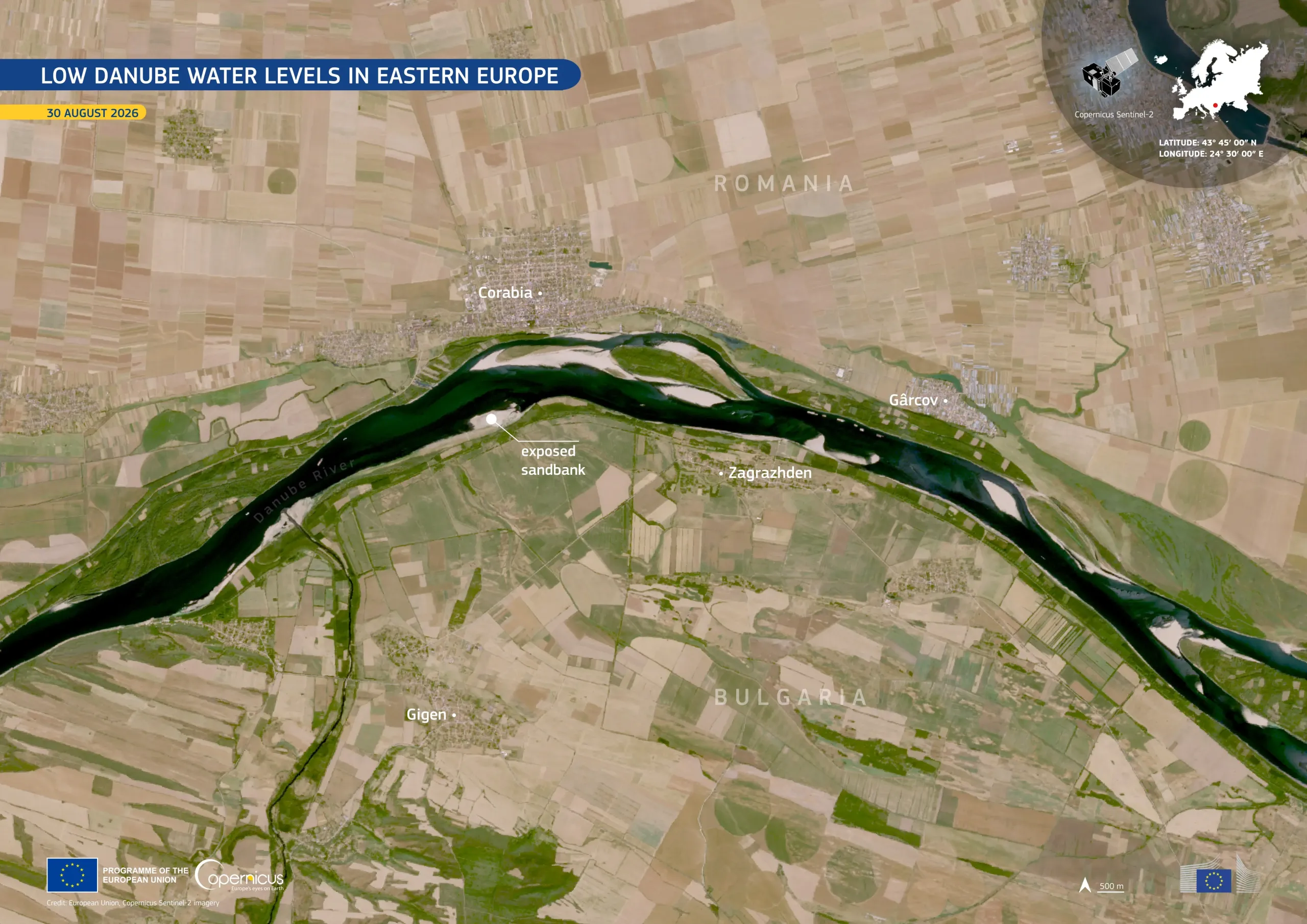 Sentinel-2 image of drought in Romania and Bulgaria