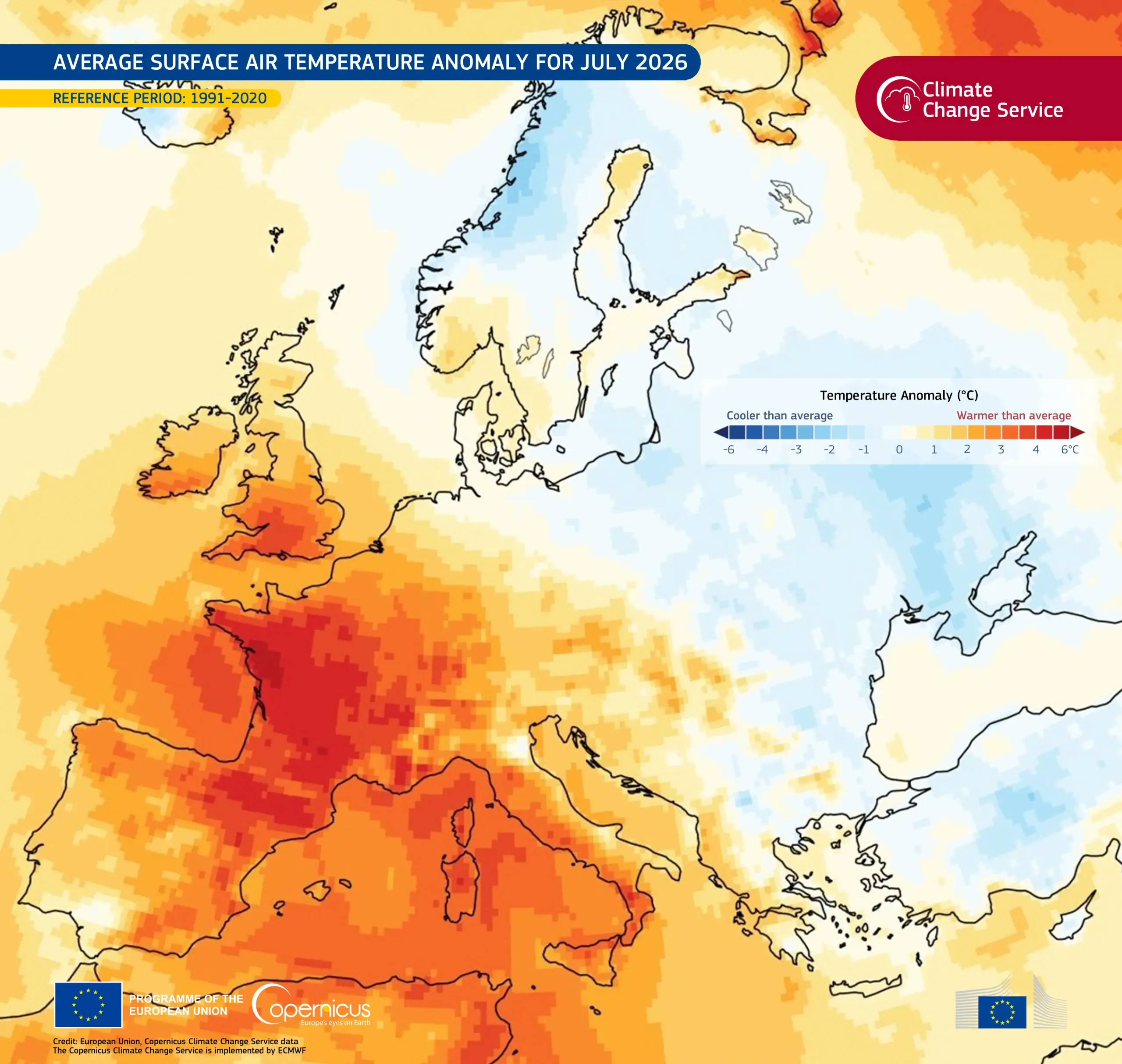 Map of Europe showing average surface air temperature anomalies for July 2026 compared with 1991–2020 average. Western and southern Europe are mostly warmer than average, with the strongest warming in France and the western Mediterranean shown in dark red. Northern and eastern Europe are generally near average to cooler than average, with blue areas around Scandinavia, the Baltic, and eastern Europe. Temperature anomalies range from −6°C to +6°C.