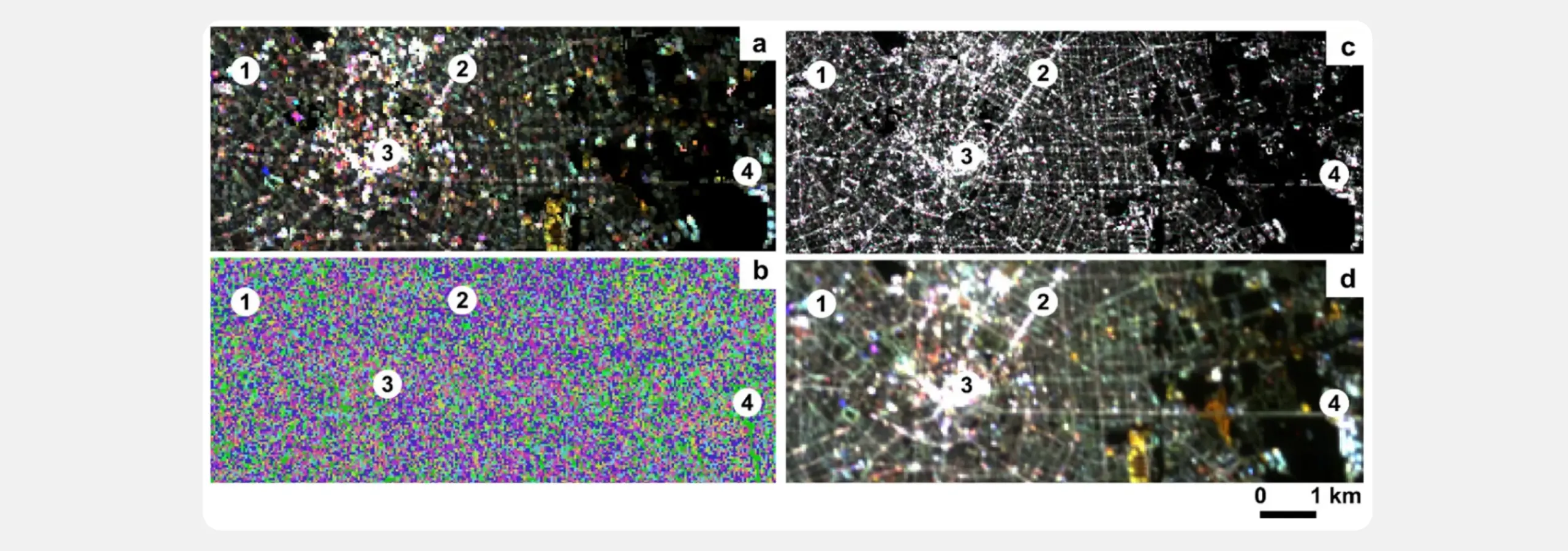 Four aligned nighttime views of the same area of Milan, each labelled 1 to 4: (a) a coarse coloured 40-metre composite, (b) a multicoloured pixel-provenance layer resembling static, (c) a fine-detail white 10-metre panchromatic composite, and (d) a smoothed colour composite that is the sharpest and most photographic. Detail increases from (a) to (d). A scale bar shows 1 km.