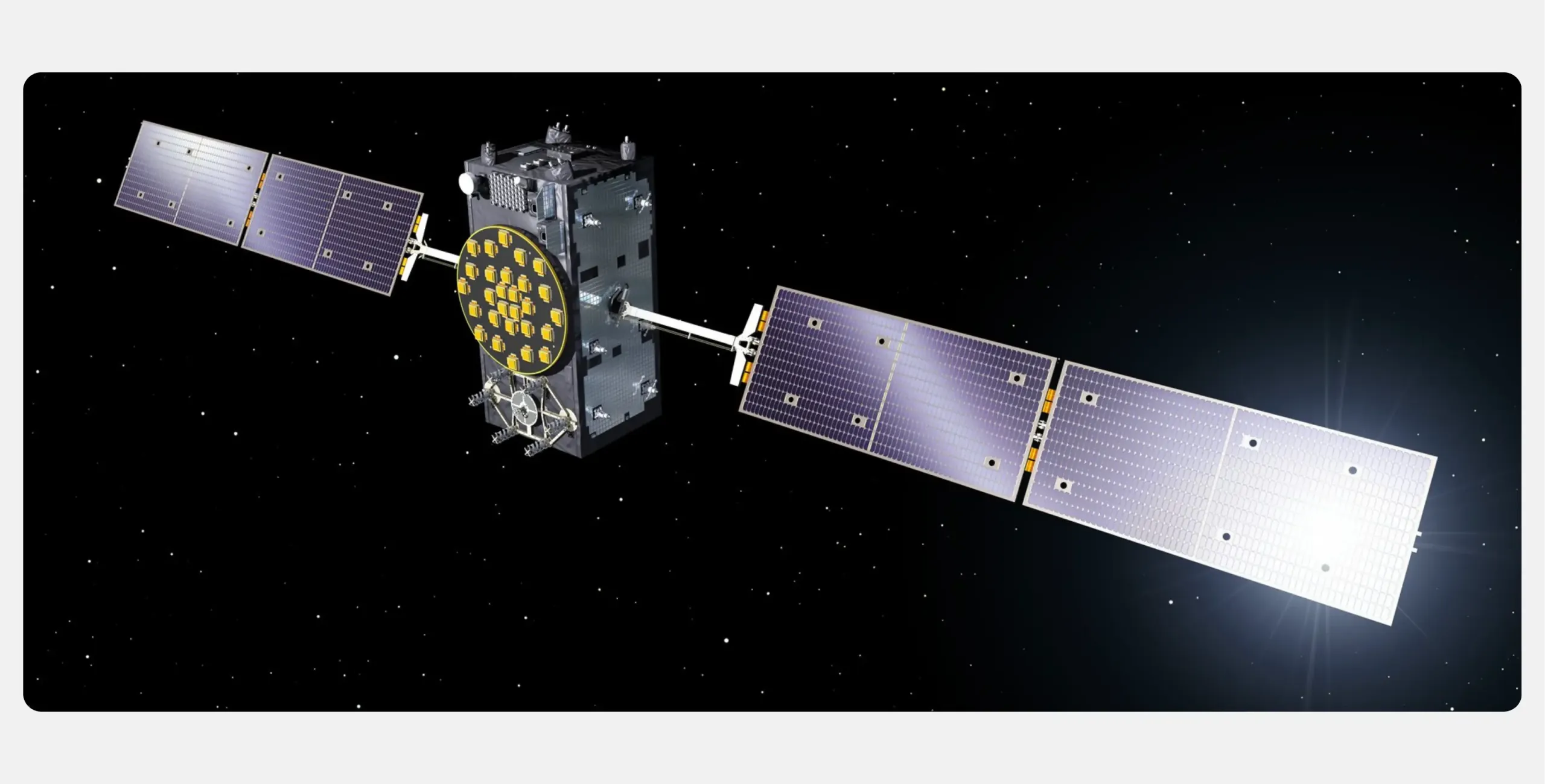 Illustration of a Galileo satellite in space against a starry background. Its rectangular central body carries a circular array of gold navigation-antenna elements on the front face, with two long solar-panel wings extended on either side.