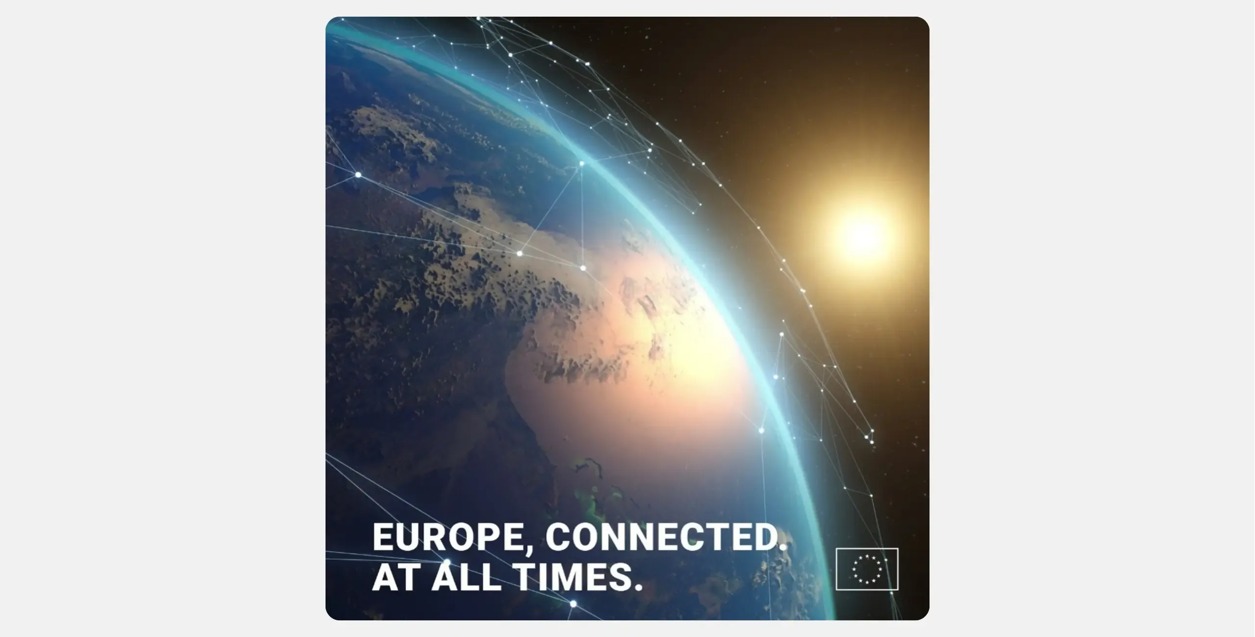 View of Earth from space over Europe, overlaid with a network of interconnected nodes and lines, with the Sun rising on the horizon, symbolising continuous connectivity.