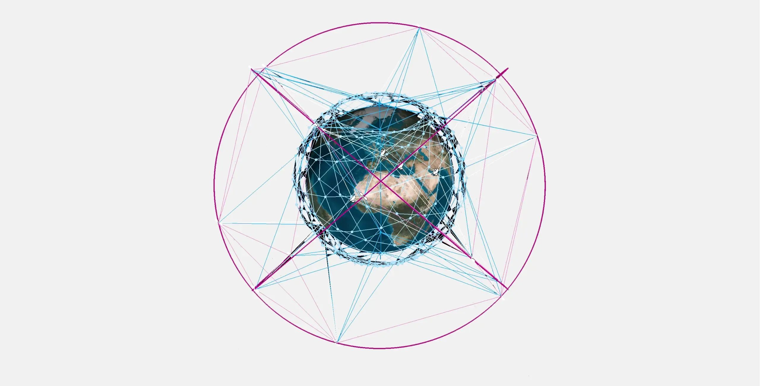 An artistic visualisation of the IRIS2 constellation. Stylized globe surrounded by an interconnected network of blue and magenta lines forming a geometric satellite communication framework.