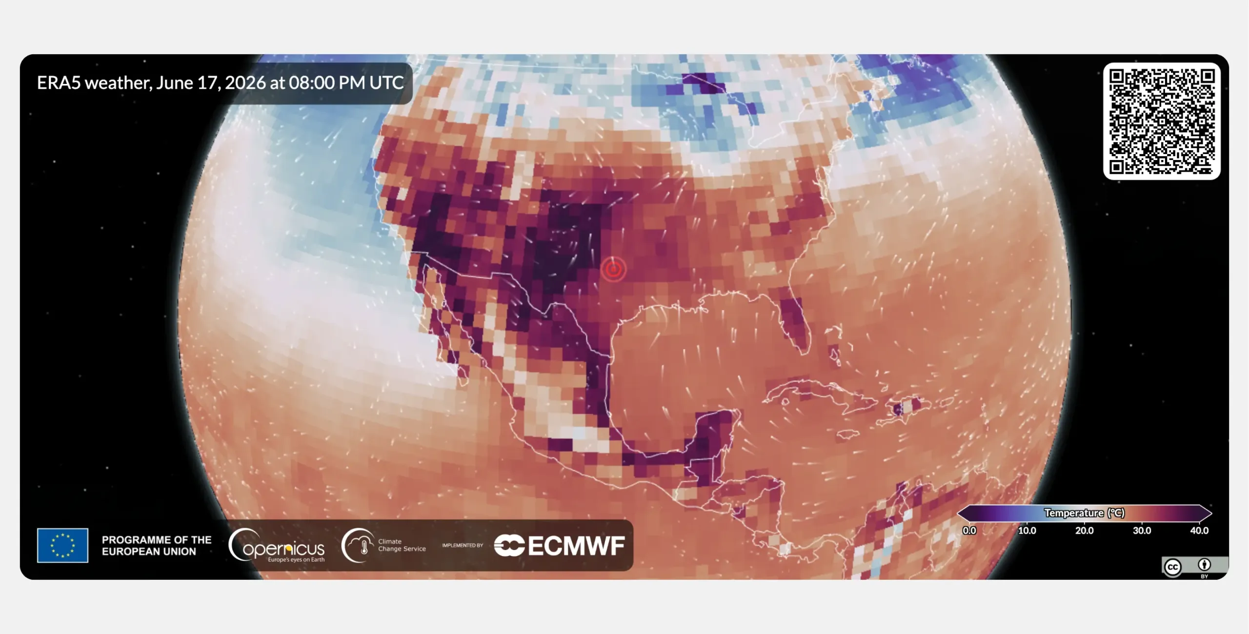 Weather Replay App view of the globe centred on North America, showing ERA5 temperature conditions on 17 June 2026 at 20:00 UTC. Warm orange and deep red tones cover most of the United States, Mexico, and Central America on a temperature scale from 0 to 40°C, with the hottest values across the south-western United States and northern Mexico. A red target marker pinpoints Arlington, Texas. White streaks across the map trace wind flow, and cooler blue tones appear over Canada and the northern oceans.