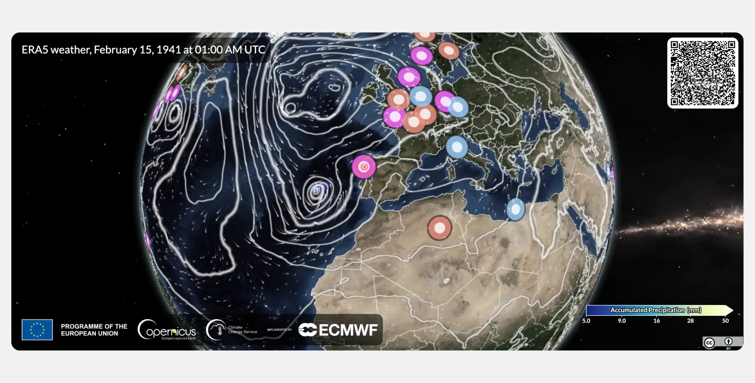 Weather Replay App view of the globe showing ERA5 weather conditions on 15 February 1941 at 01:00 UTC, centred on the North Atlantic, Europe, and North Africa. White contour lines trace atmospheric pressure and wind flow, with a pronounced swirl off the Iberian Peninsula. Blue shading over the ocean and coasts marks accumulated precipitation, keyed to a scale from 5 to 50 mm. Coloured circular markers across Europe, the Atlantic, and North Africa indicate a selection of historical events.