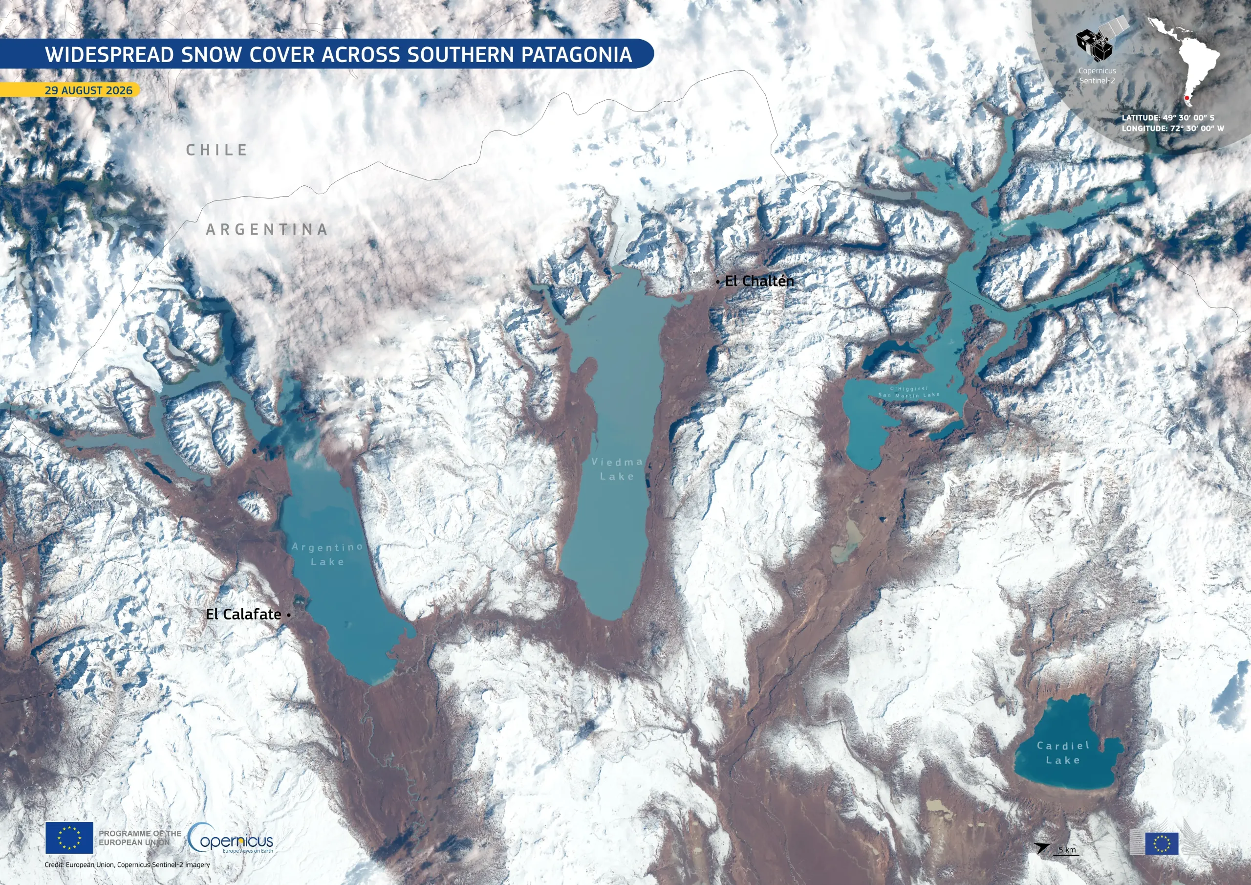 Sentinel-2 image of widespread snow cover across Southern Patagonia