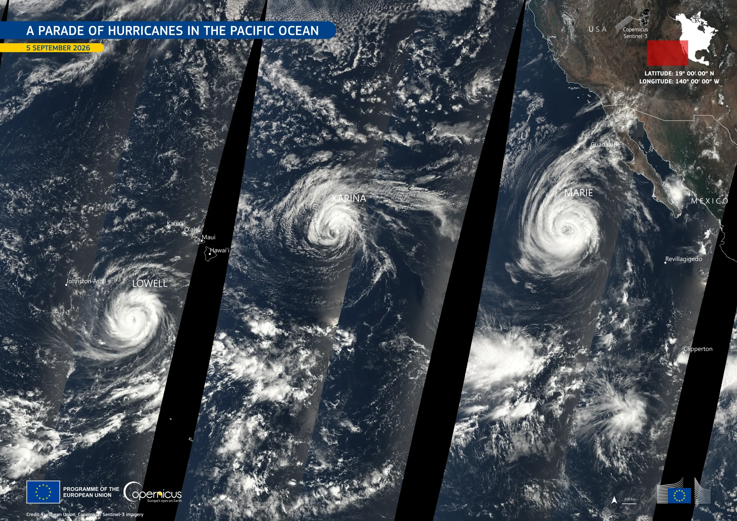 Sentinel-3 image of three hurricanes in the Pacific Ocean