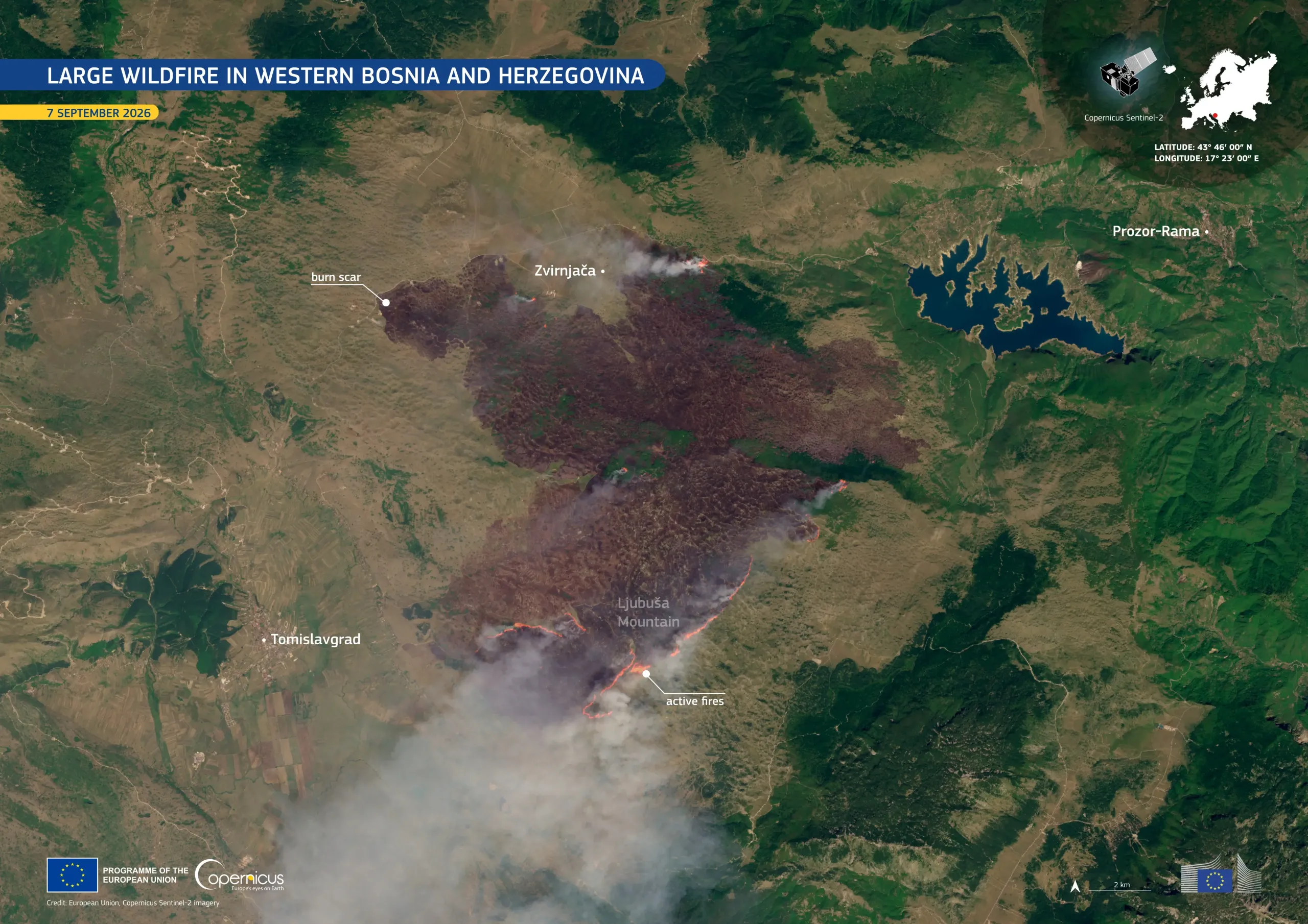 Sentinel-2 image of a wildfire in Bosnia Herzegovina