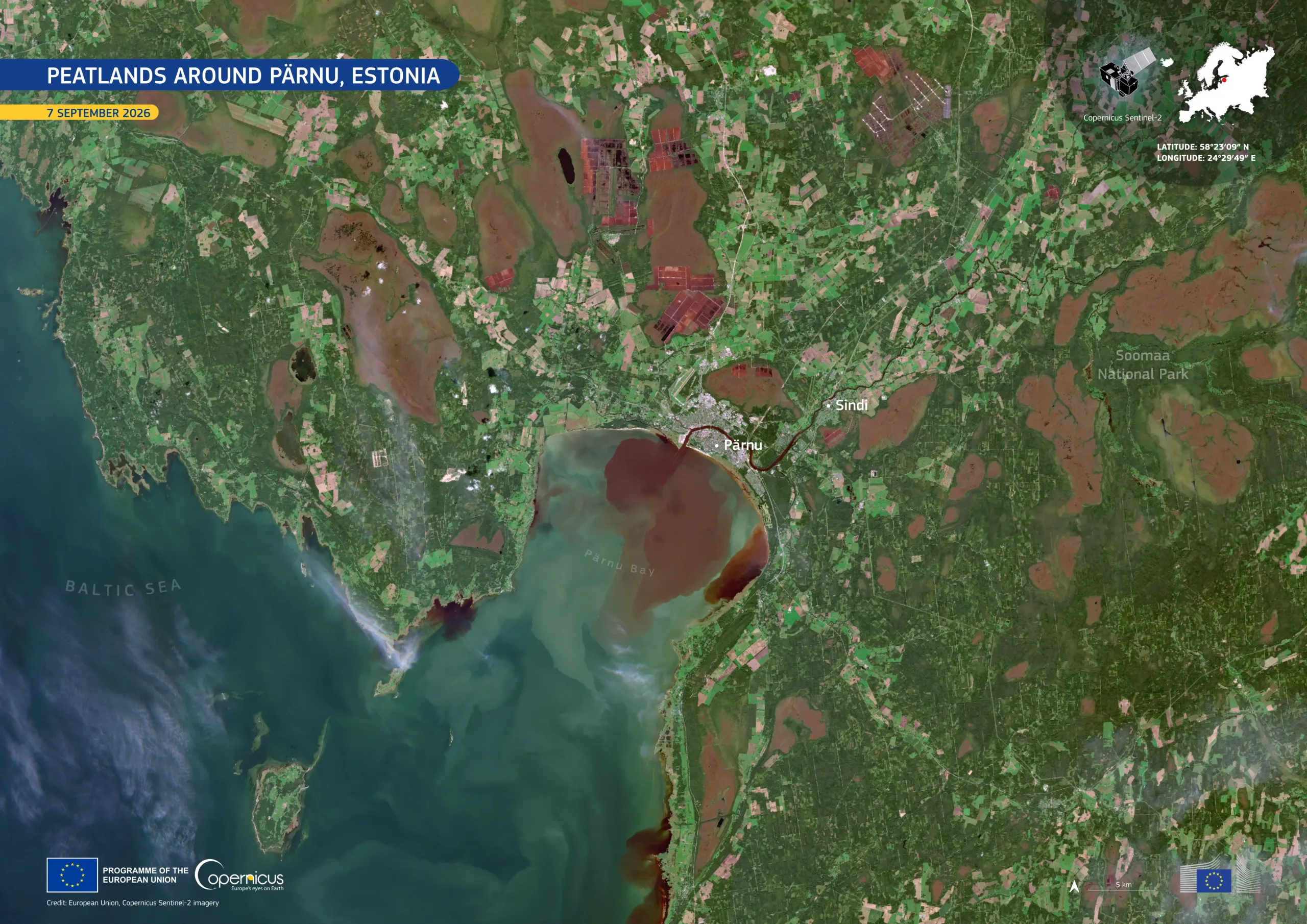 Copernicus Sentinel-2 image showing peatlands in Estonia.