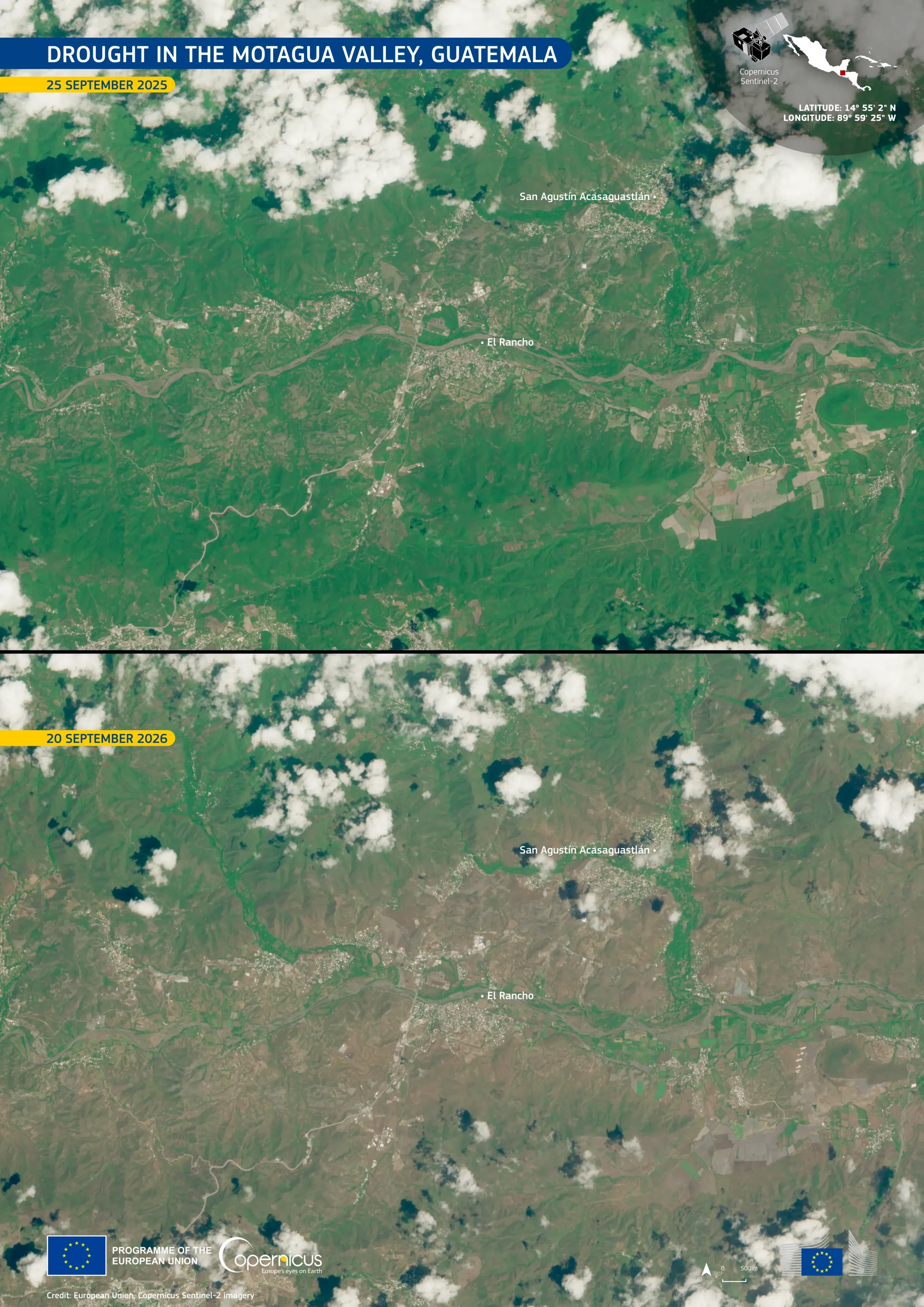 Before-and-after Copernicus Sentinel-2 satellite images of the Motagua Valley in Guatemala, showing the area around San Agustín Acasaguastlán and El Rancho. The 25 September 2025 image shows predominantly green vegetation, while the 20 September 2026 image shows much drier, brown vegetation across the valley and surrounding hills, illustrating the effects of drought.