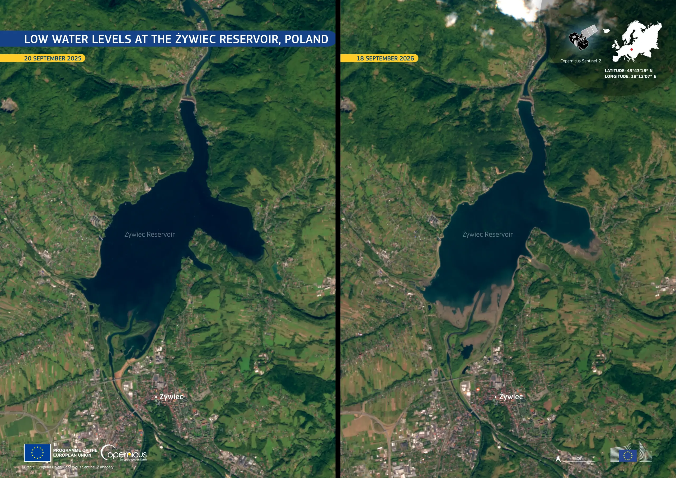 Copernicus Sentinel-2 images showing the Żywiec Reservoir, in southern Poland, facing low water levels after prolonged dry conditions