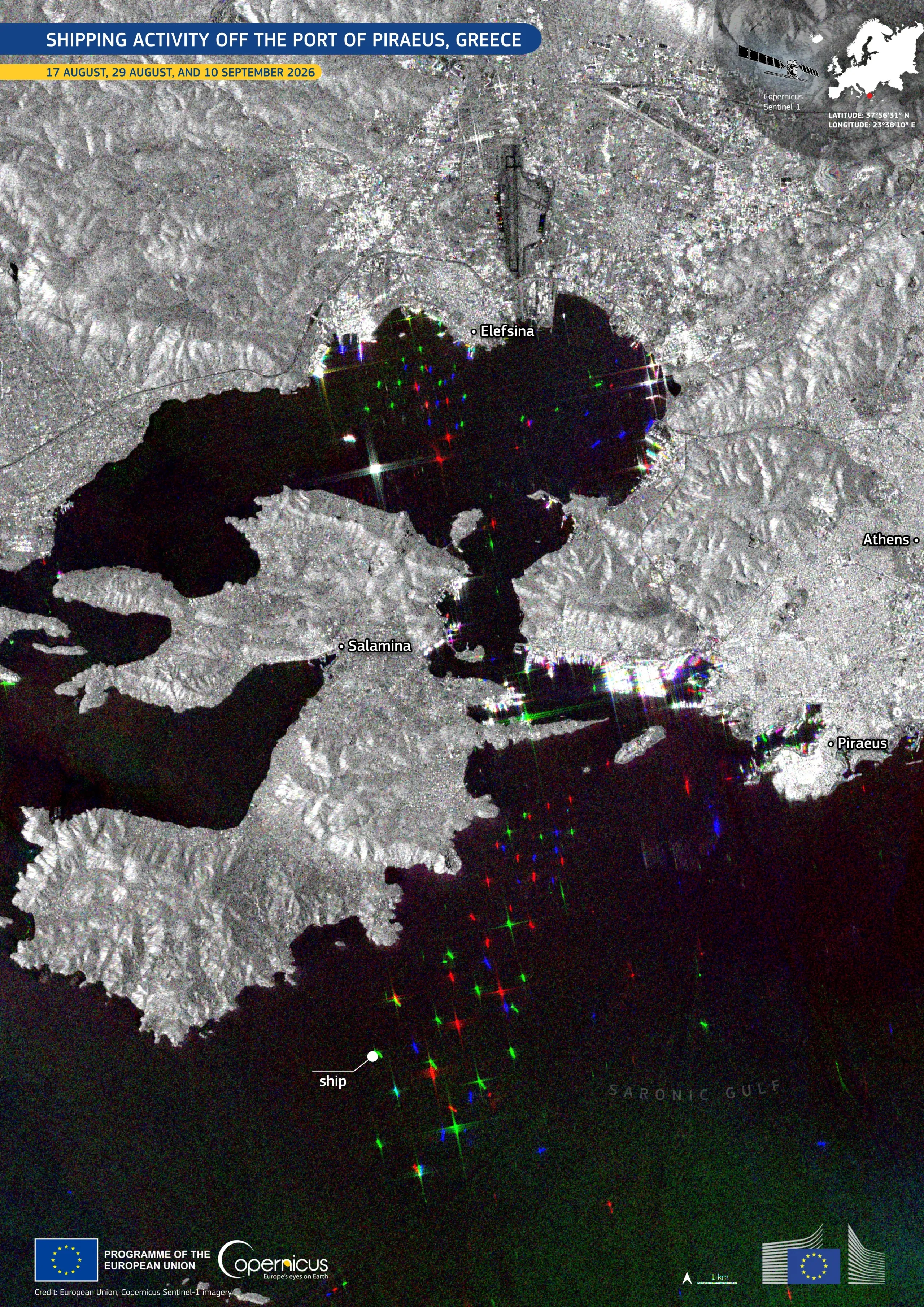 Sentinel-1 image of maritime traffic in Athens