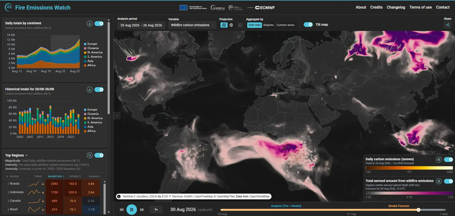 Screenshot of the Fire Emissions Watch app in global view for 20–26 August 2026, showing a dark world map overlaid with wildfire smoke and aerosol plumes in pink and purple. Dense plumes appear over central Africa, Siberia, and parts of North America. Side panels show daily and historical carbon emission totals by continent and a ranked table of regions led by Russia, Indonesia, Canada, and Brazil.