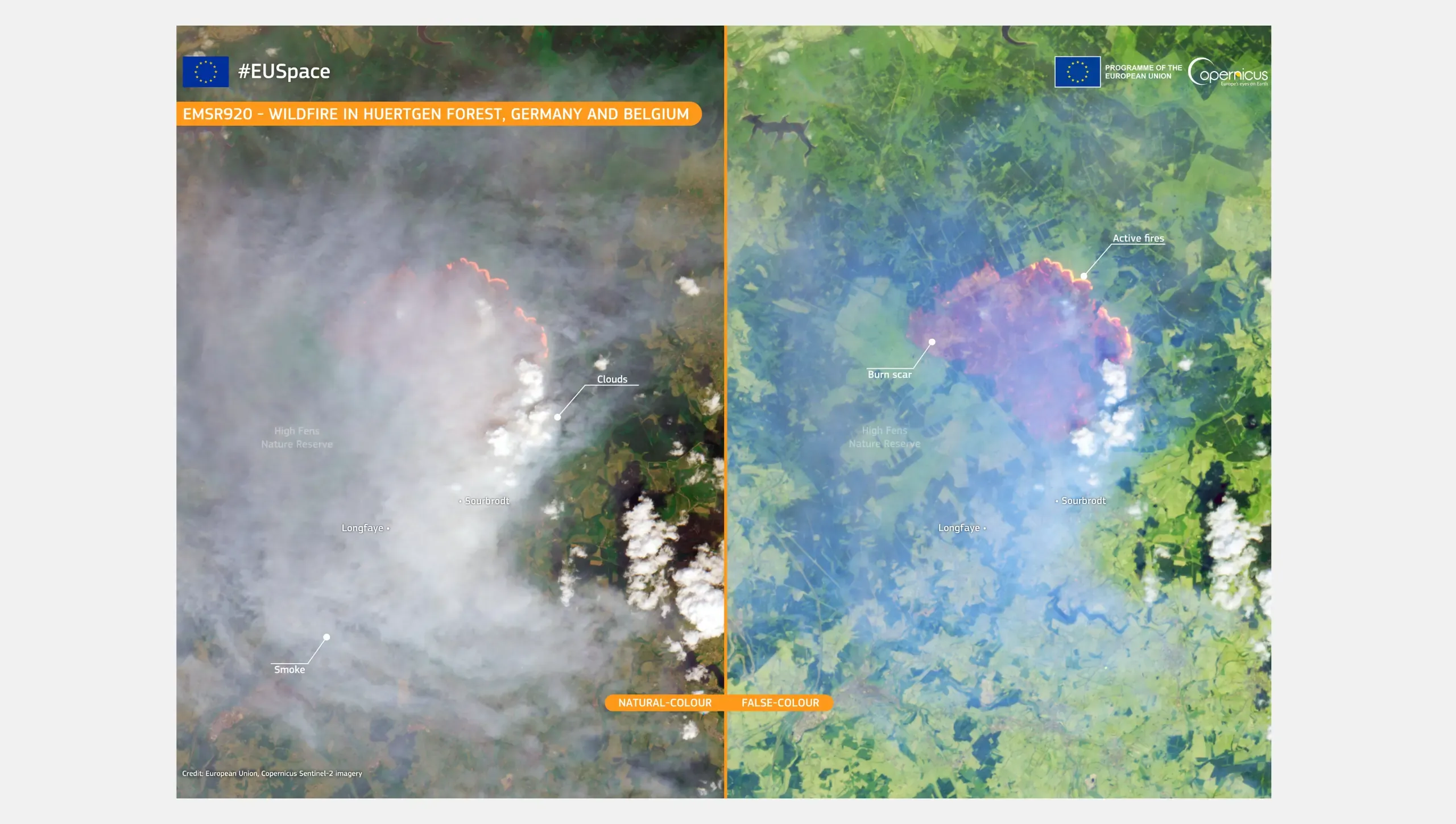 This image, acquired by one of the Copernicus Sentinel-2 satellites on 16 August 2026, is presented in natural and false colour. It shows the wildfire in the High Fens nature reserve, in the province of Liège, in eastern Belgium. In the natural-colour view, a dense smoke obscures much of the surface across the affected area. The false-colour view uses infrared spectral bands to highlight the burn scar beneath the haze, while active fires appear in bright orange and vegetation in vivid green colours.
