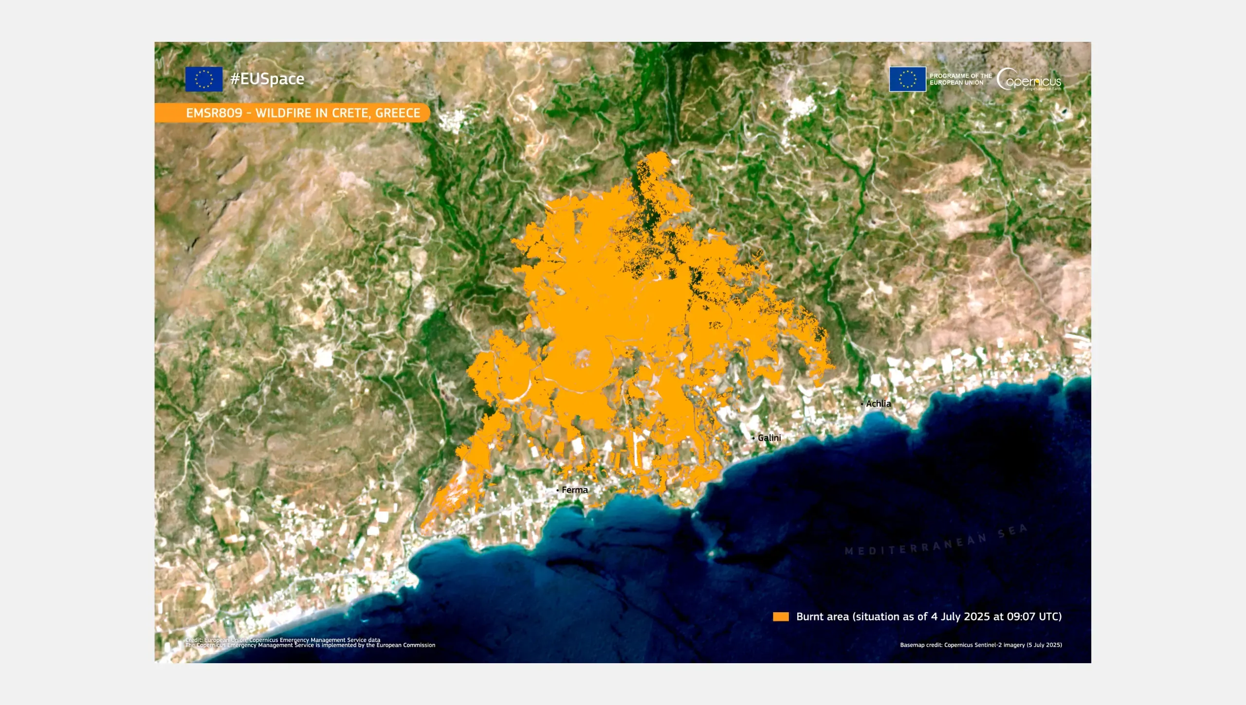 This data visualisation shows in orange the area affected by the wildfire near the village of Achlia in eastern Crete, Greece.