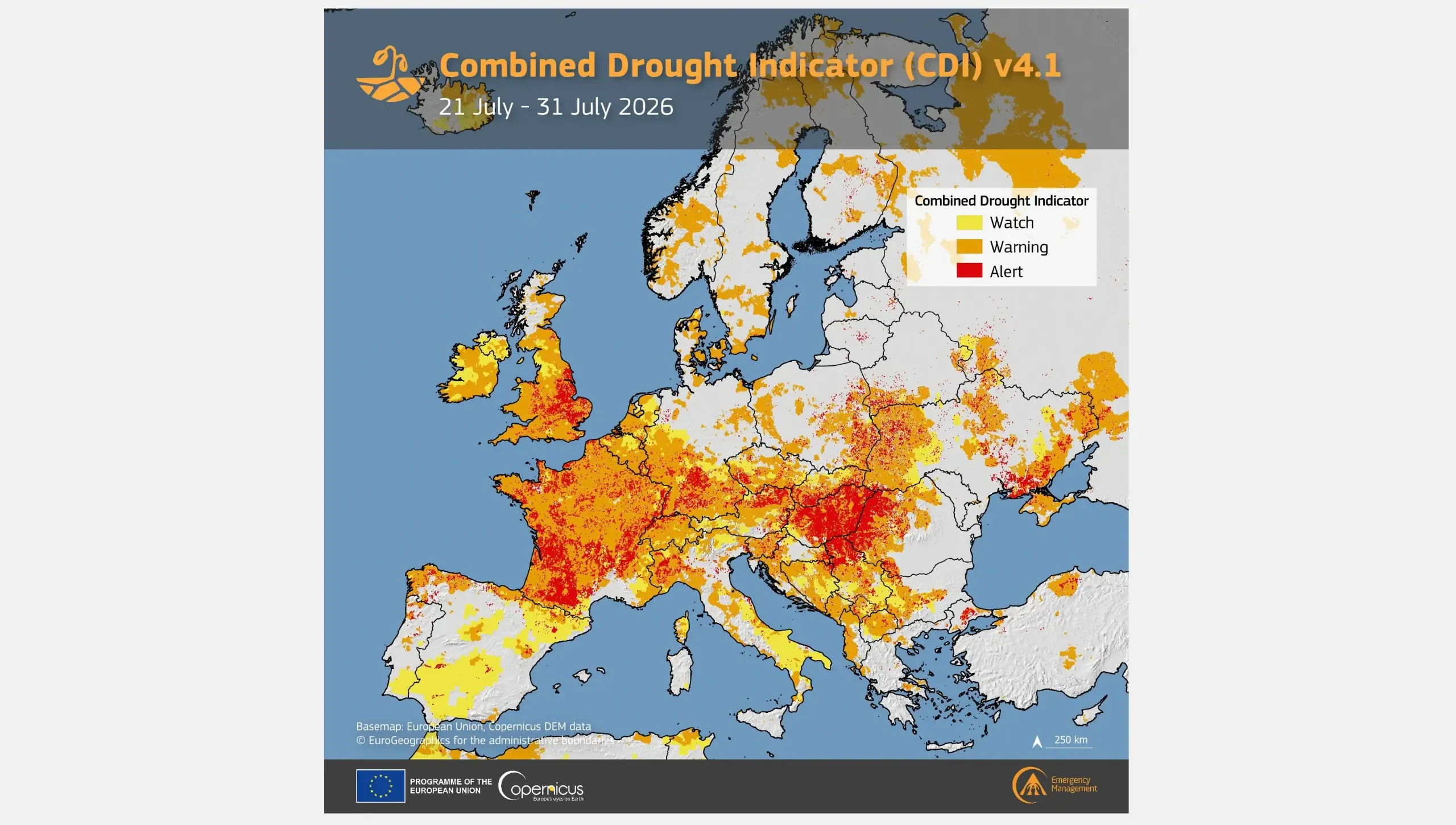 Map of Europe showing the Combined Drought Indicator (CDI) v4.1 for 21–31 July 2026. Red areas indicate drought alert, orange areas warning, and yellow areas watch. Extensive alert areas appear across France and parts of central and south-eastern Europe, while drought warning and watch conditions affect other parts of Europe.