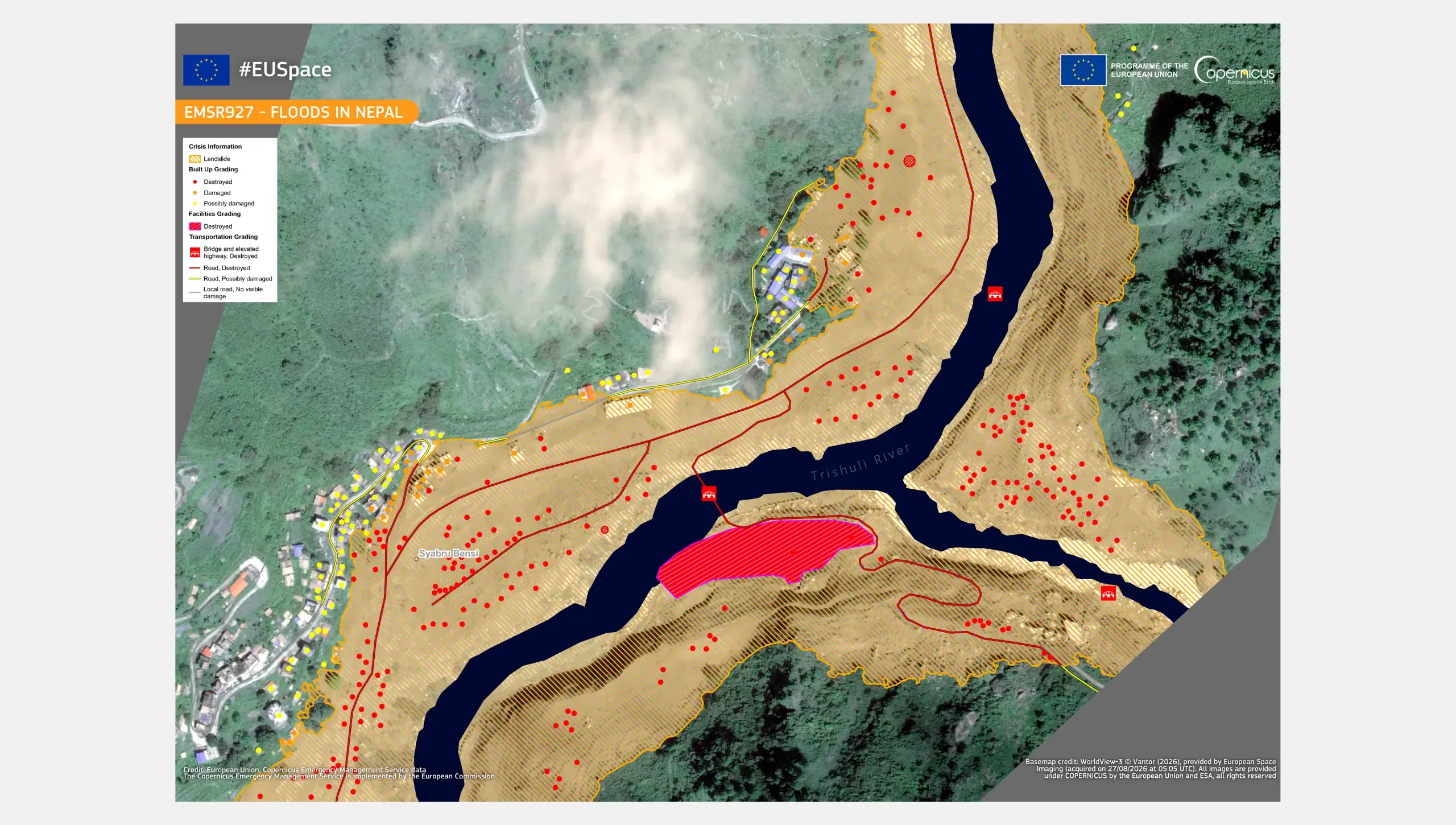 This data visualisation shows the area around the village of Syapru Besi, Nepal and the impact of the event on built-up and roads. CEMS analysis indicates that, within the area shown, more than 240 buildings were destroyed, while 32 were damaged.