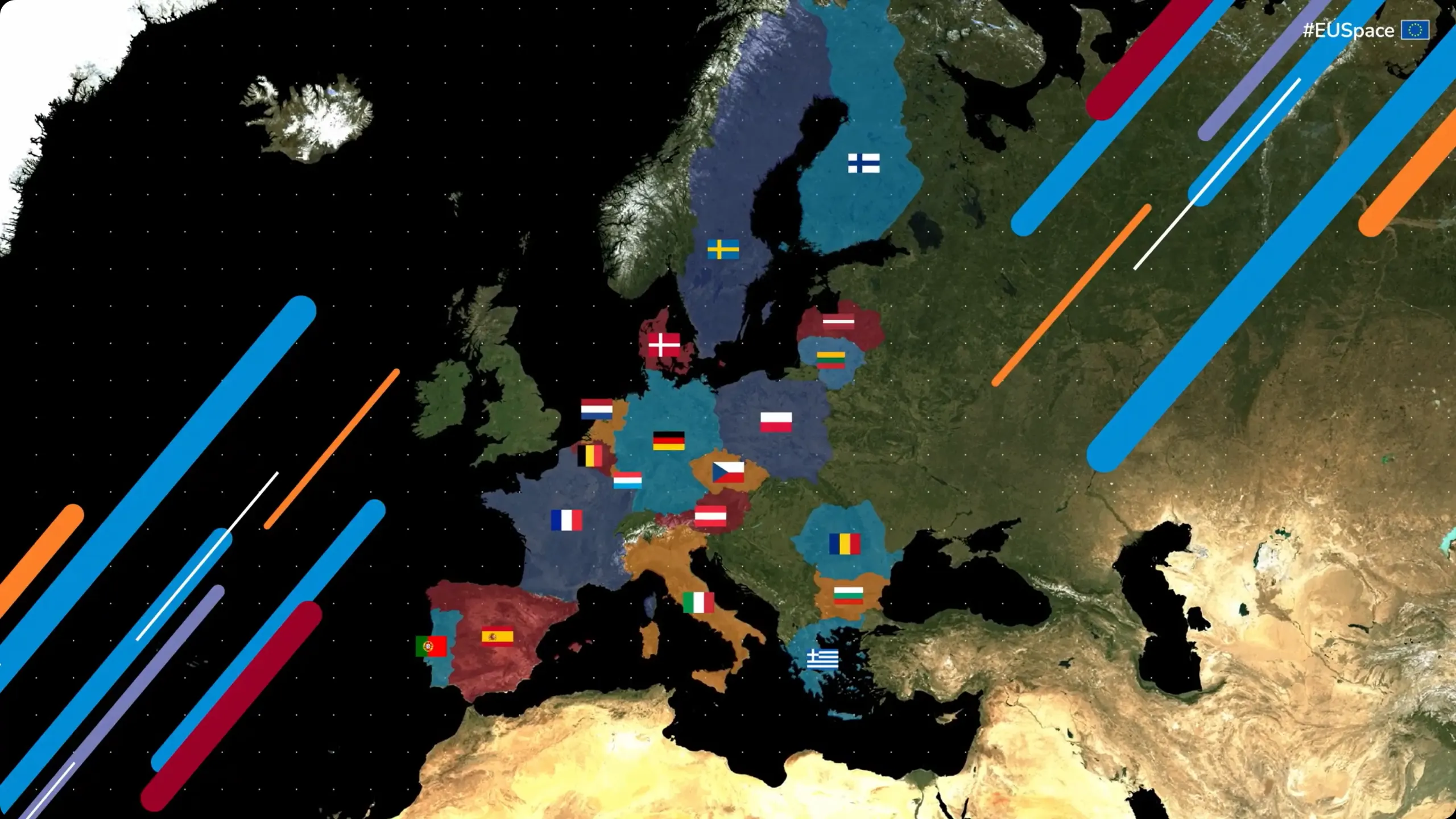 Map of Europe highlighting the 19 Member States of the EU SST Partnership, each marked with its national flag: Austria, Belgium, Bulgaria, Czechia, Denmark, Finland, France, Germany, Greece, Italy, Latvia, Lithuania, Luxembourg, the Netherlands, Poland, Portugal, Romania, Spain, and Sweden.