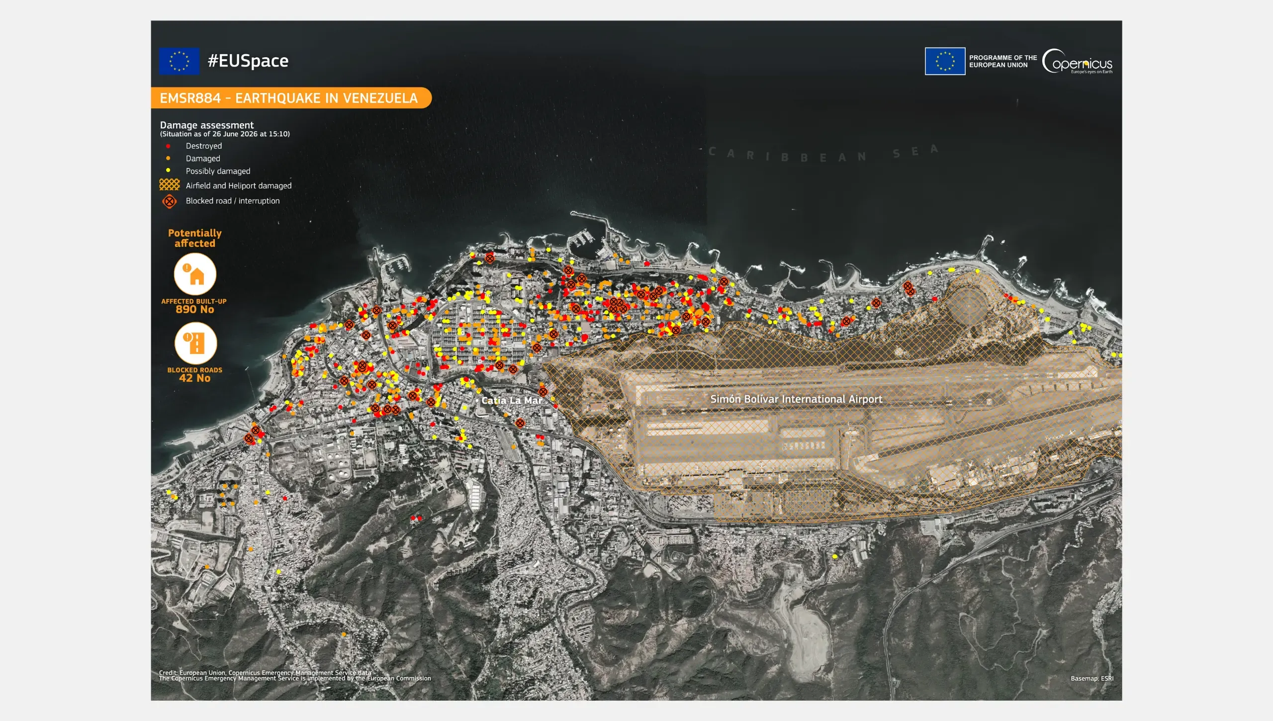 This data visualisation focuses on a section of Area of Interest 12, Caraballeda, Venezuela and shows earthquake-related damage. Based on the CEMS Grading Monitoring 1 product, it highlights the observed impact of the earthquakes as mapped on 26 June 2026. Within this view, the product identifies 890 built-up structures as affected and maps 42 roads as blocked or interrupted. It also identifies damage at Simón Bolívar International Airport.