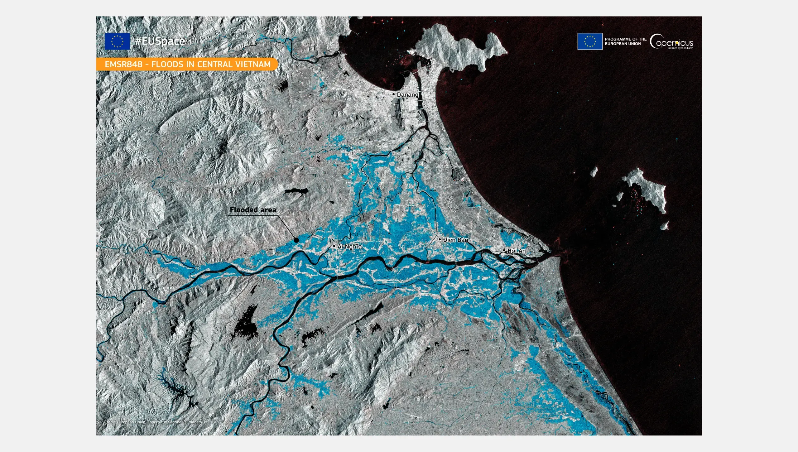 The image shows in blue the area affected by the floods in Vietnam.