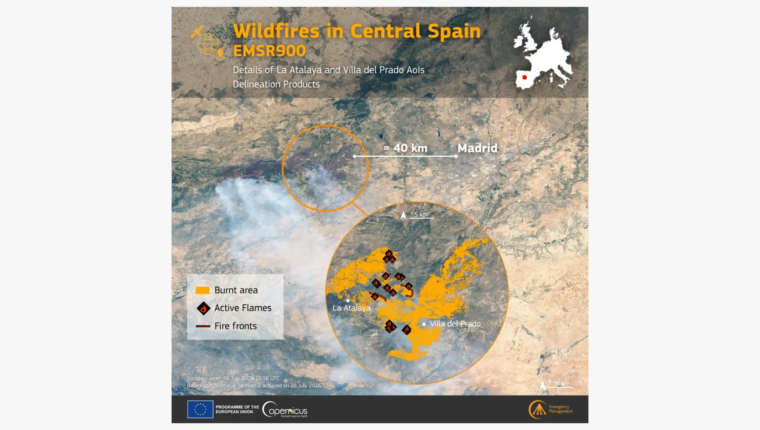 This image shows wildfires in Central Spain, showcasing how wildfires burnt 40 km west of Madrid (July 2026).