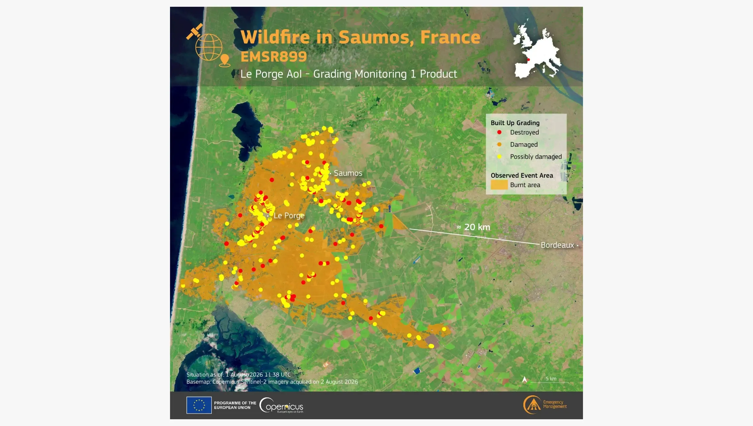 This image shows the observed event area and the impacts of the wildfire in Saumos, France.