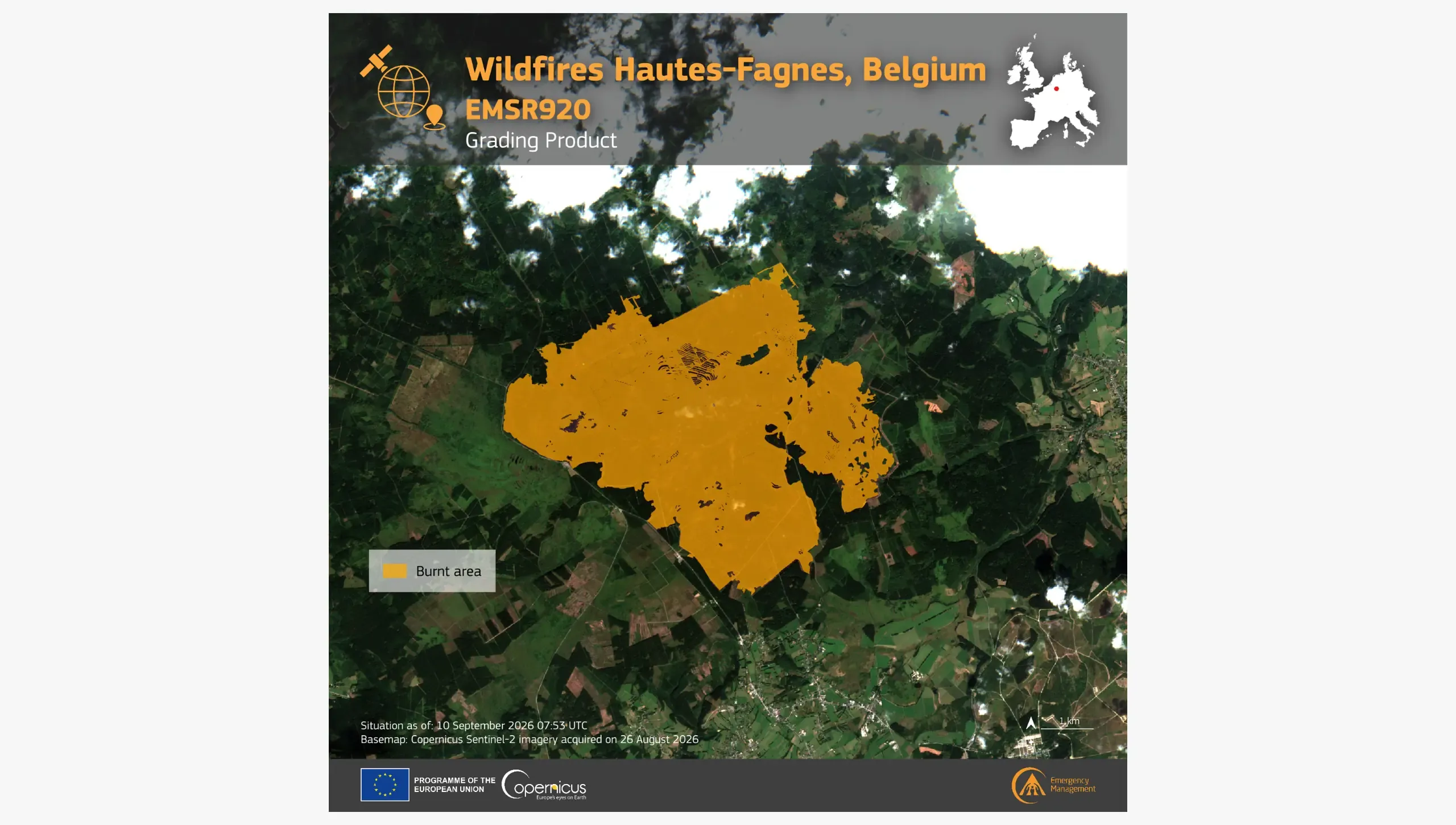 The image shows the burnt area of the Haute-Fagnes wildfires (Belgium).