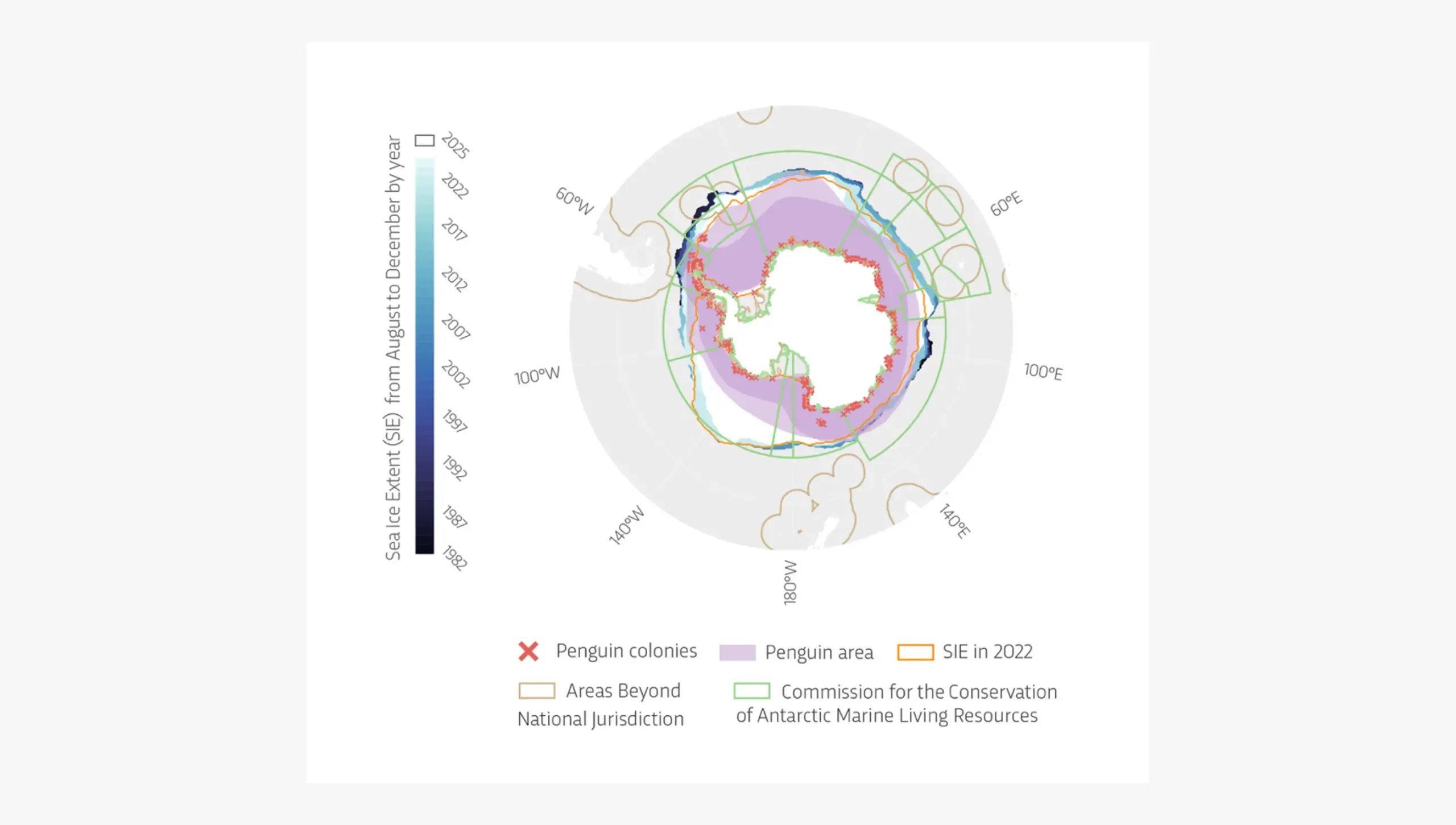 A map of Antarctica and the Southern Ocean showing changes in colonies of Adélie and Emperor penguins (1982-2022) and their sea ice habitats (1982-2025).