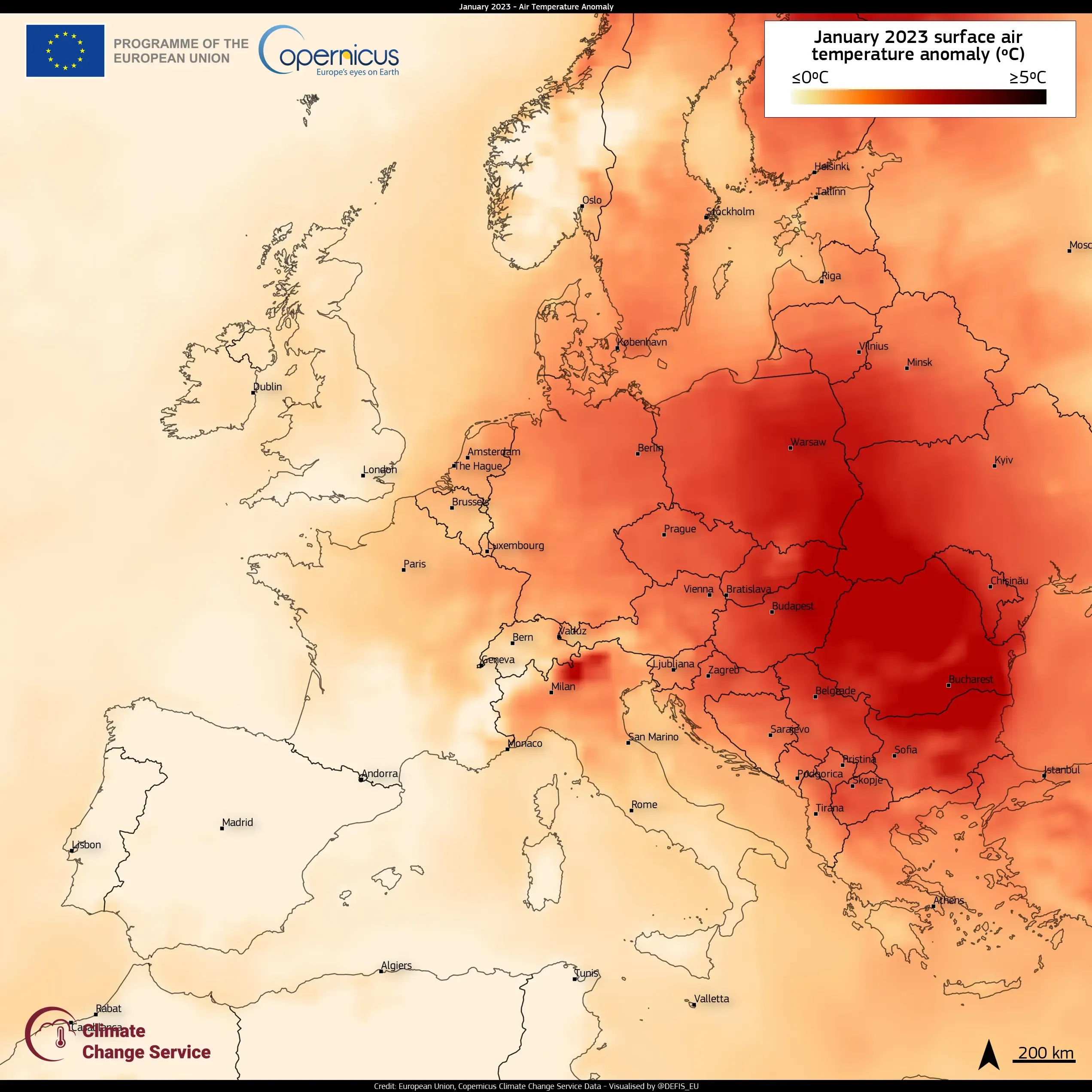 Air Temperature Anomaly for January 2023 in Europe
