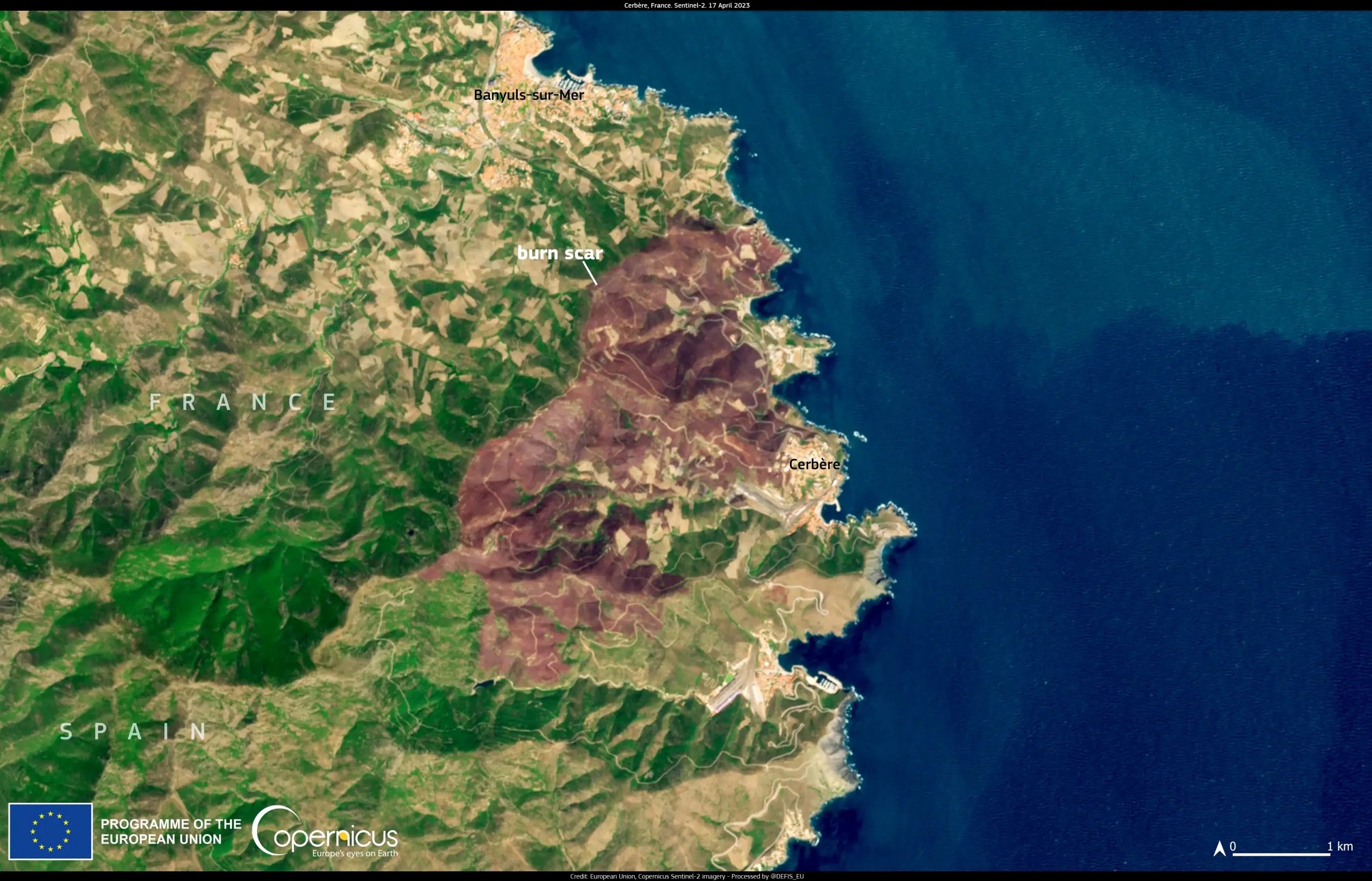 A wildfire affected Pyrénées-Orientales in France