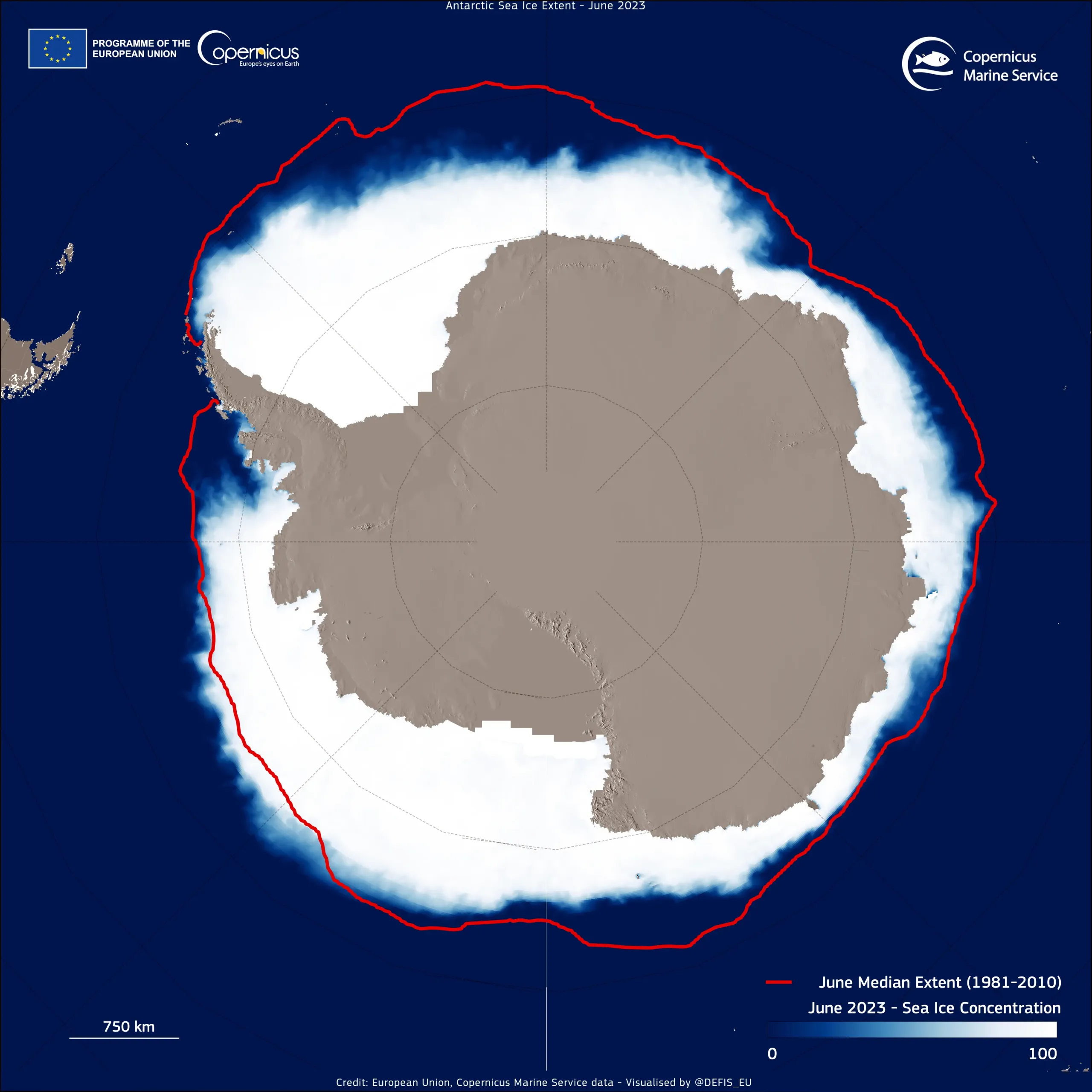 The Antarctic sea ice reaches the lowest level ever recorded in June