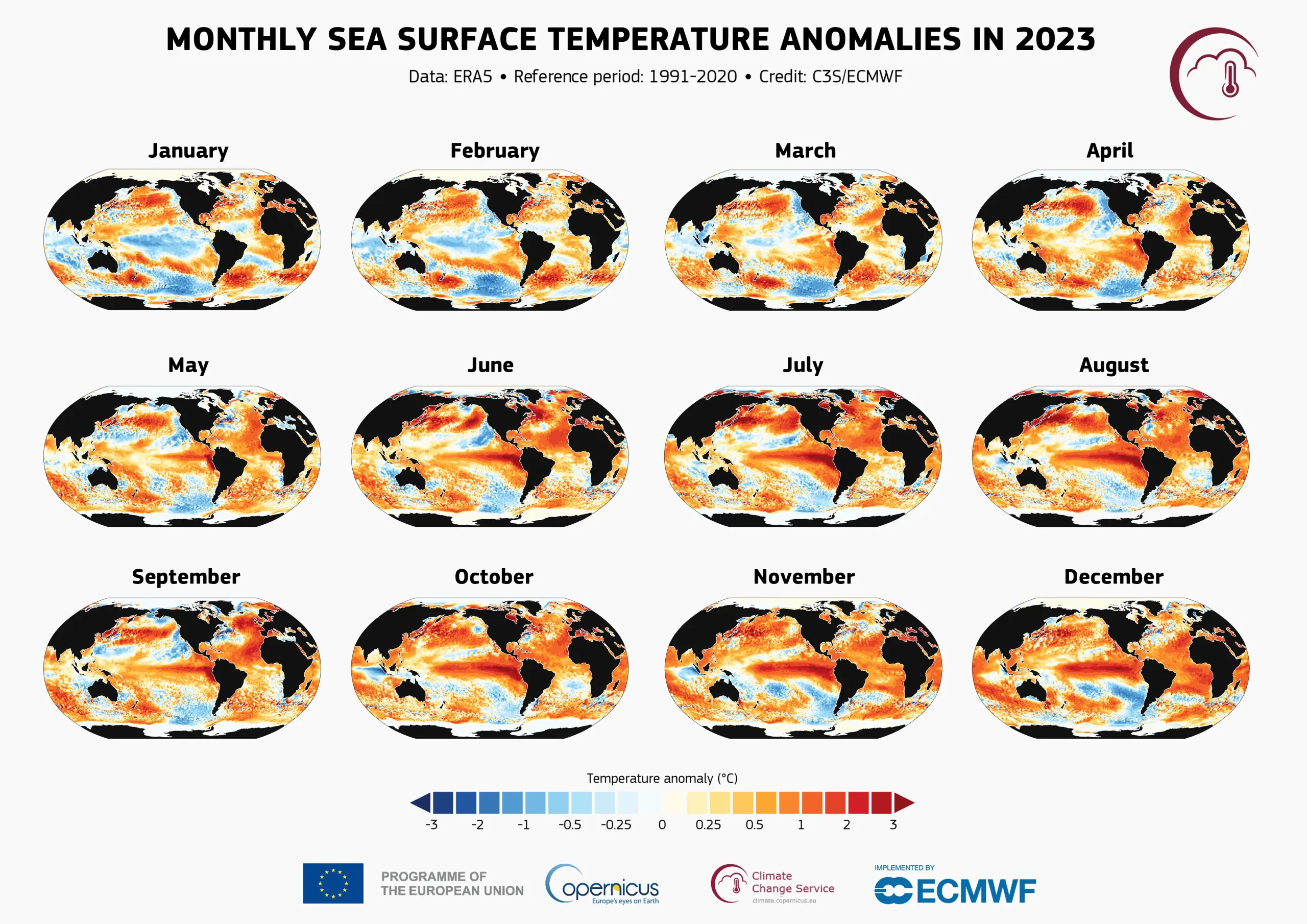 Monthly sea surface temperature anomalies in 2023